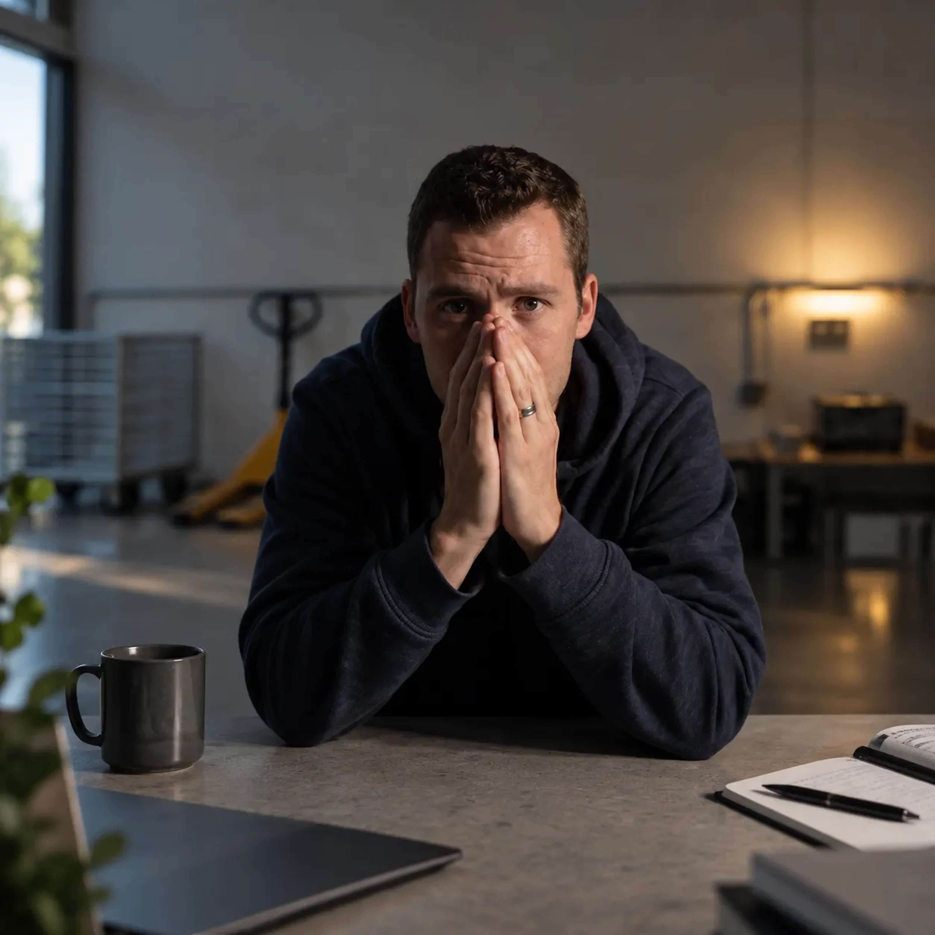 Mann in dunkler Kapuzenjacke stützt nachdenklich das Kinn mit den Händen, sitzt an einem Tisch mit Laptop, Tasse und Notizblock, im Hintergrund dimme Beleuchtung.