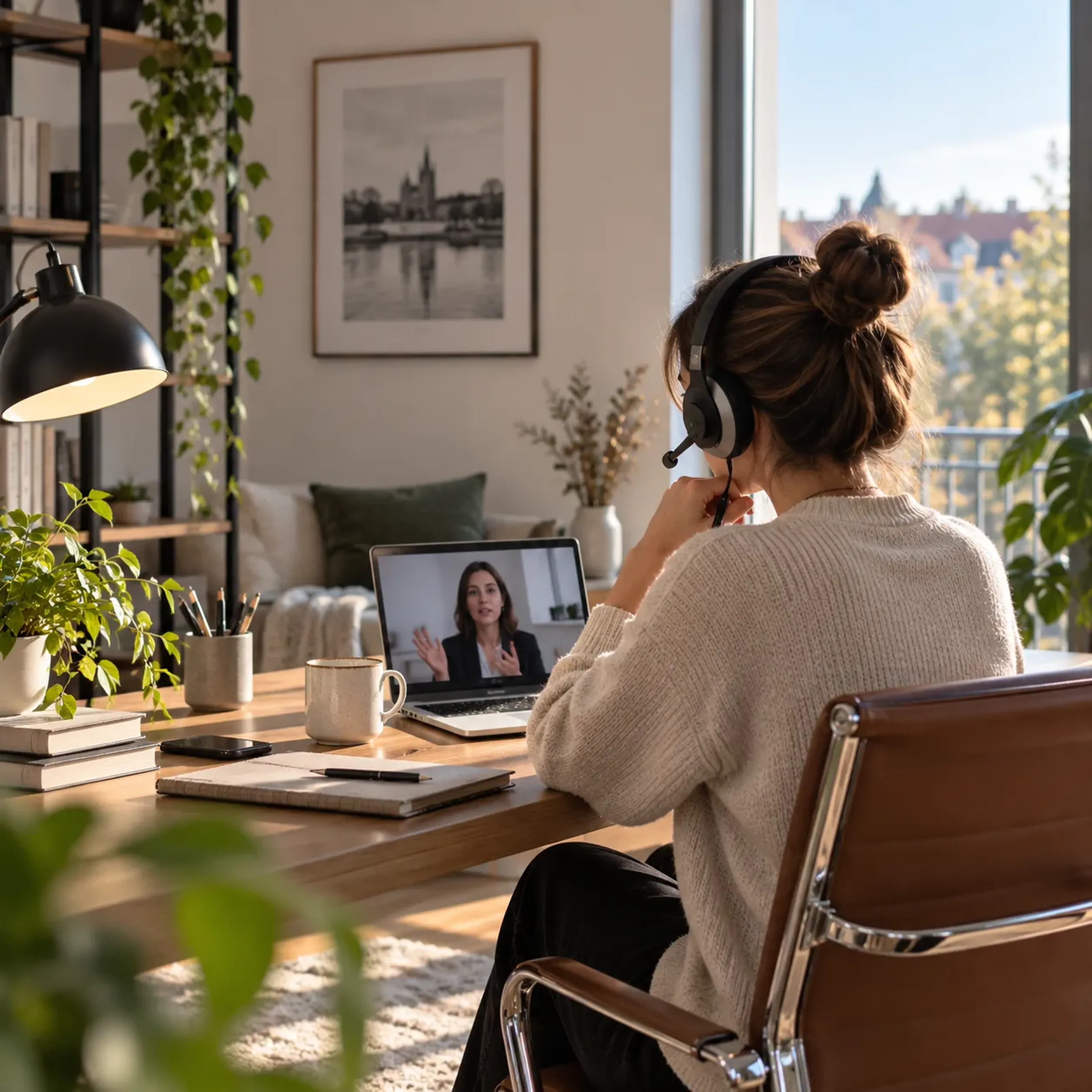 Frau mit Kopfhörern macht Videokonferenz am Laptop in modernem, pflanzenreichem Homeoffice mit viel Tageslicht.