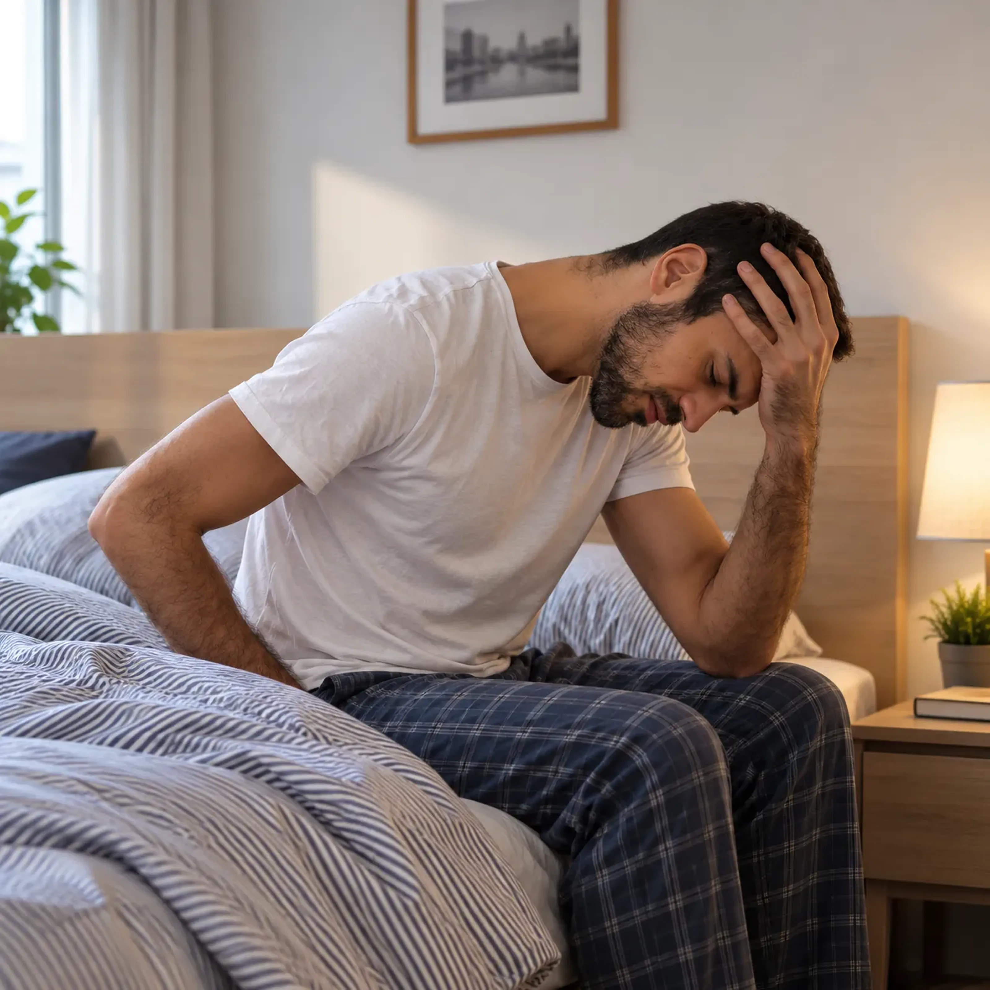 Mann sitzt auf einem Bett und hält seinen Kopf in der Hand, als ob er nachdenklich oder müde ist. Im Hintergrund steht eine Lampe und ein gerahmtes Bild.