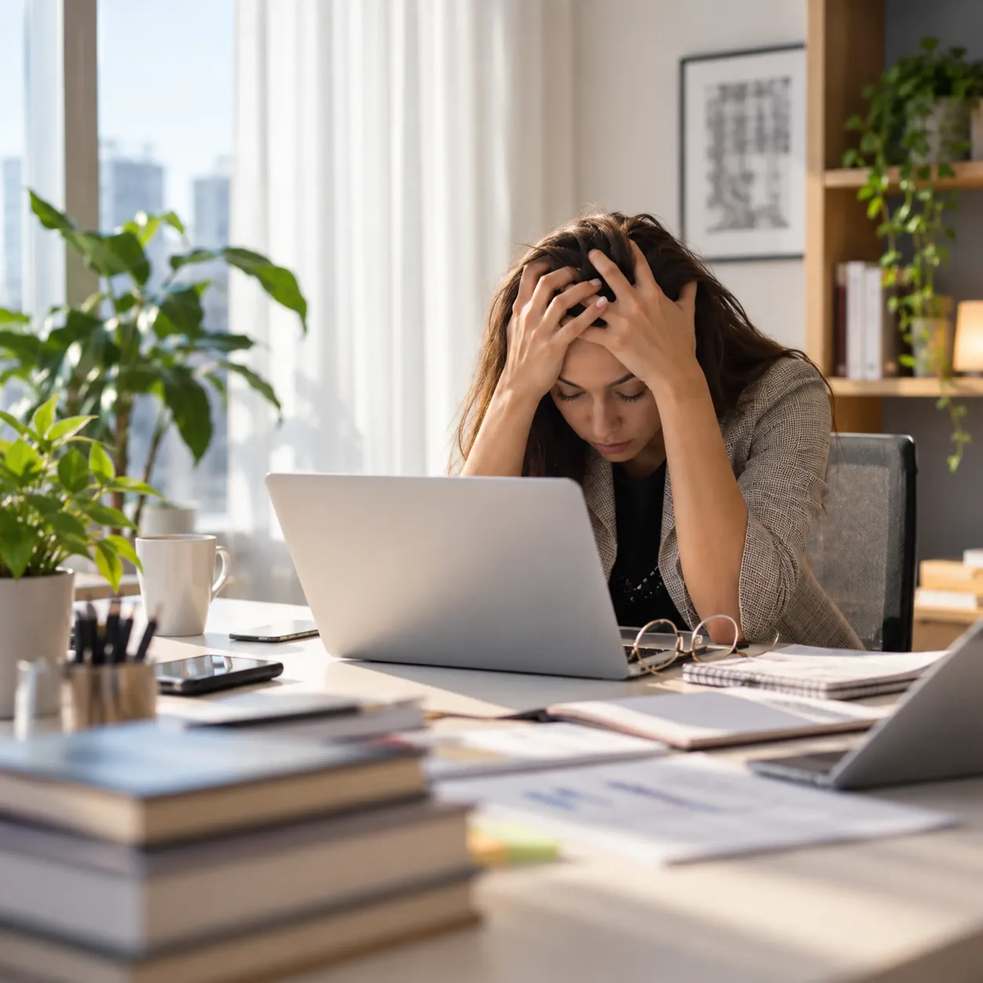 Eine Frau sitzt gestresst am Schreibtisch vor einem Laptop, hält den Kopf in den Händen. Im Hintergrund Pflanzen und Bücherregale.