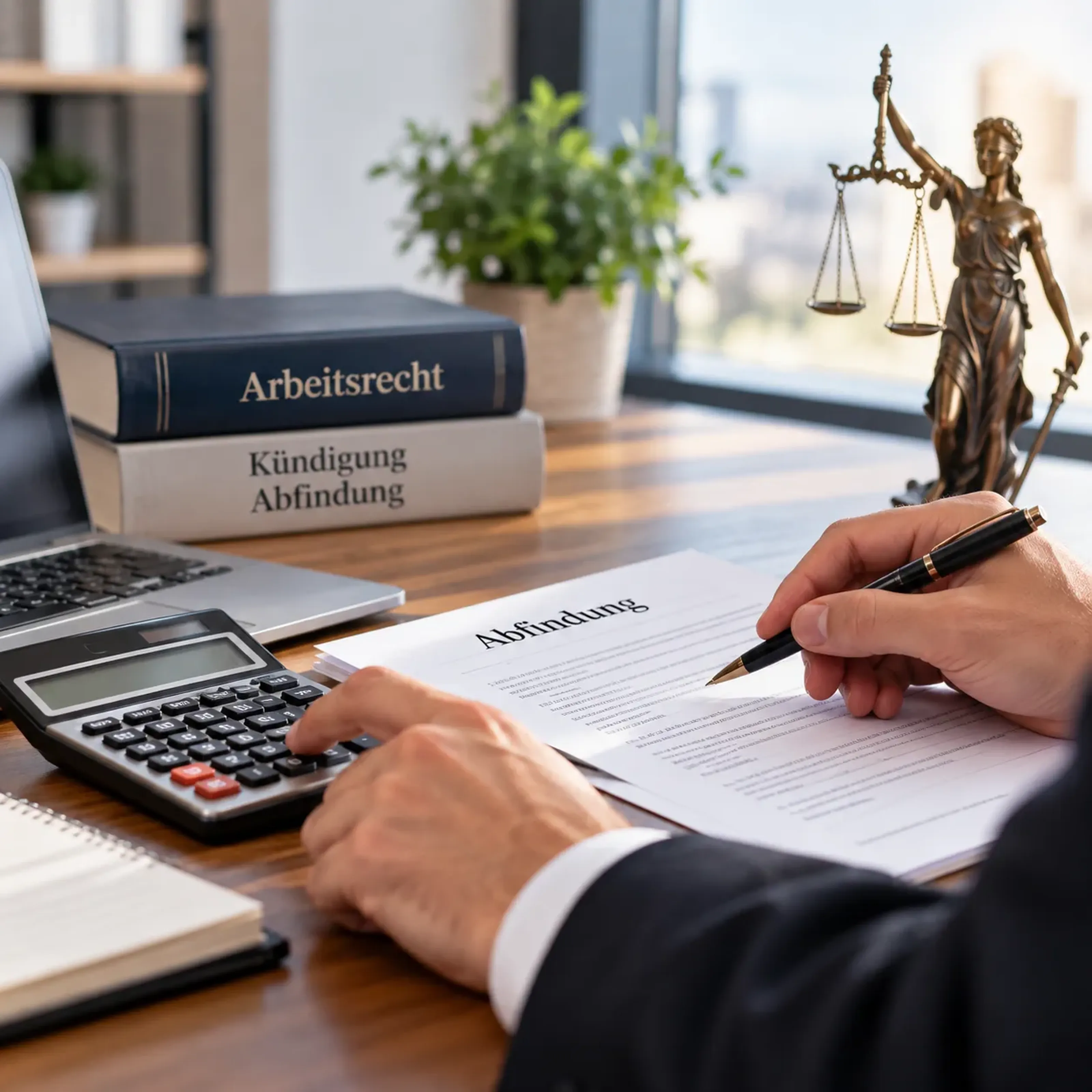 Ein Schreibtisch mit Büchern zu Arbeitsrecht, Dokumente unterzeichnet, ein Taschenrechner und eine Justitia-Statue.