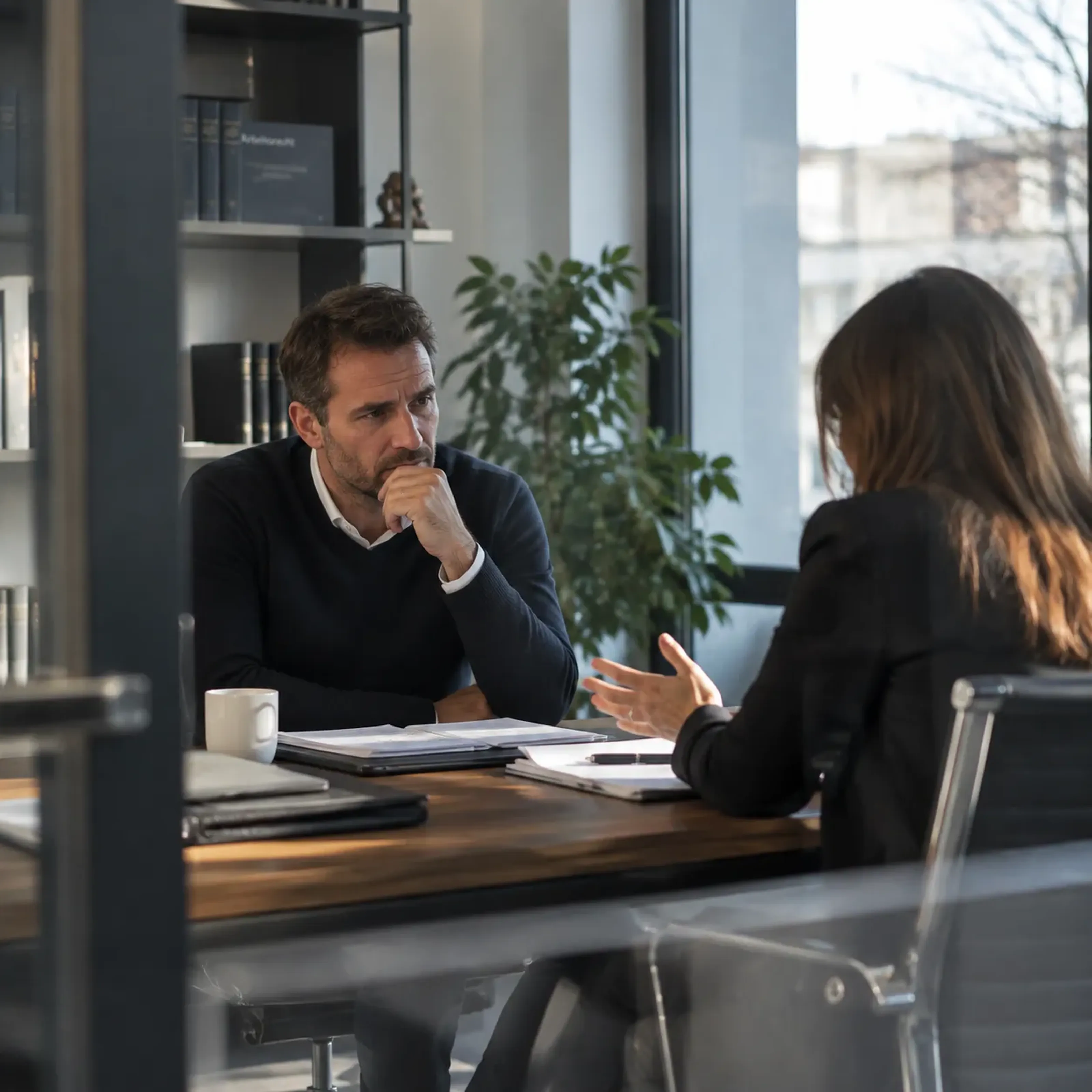 Zwei Personen in einem Büro, die konzentriert an einem Tisch sprechen. Der Mann hört aufmerksam zu, während die Frau gestikuliert.