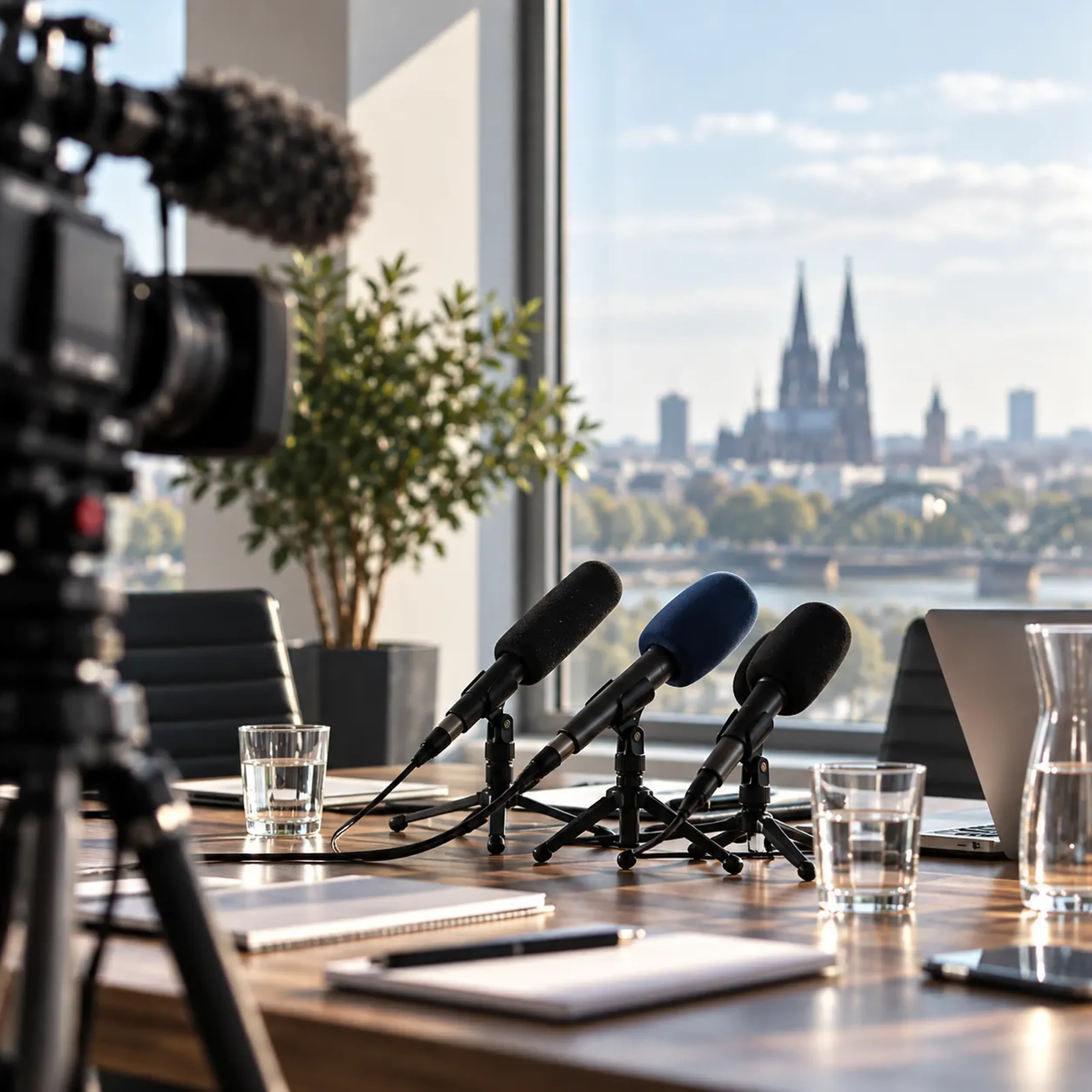 Mikrofone auf einem Konferenztisch vor einem Fenster mit Blick auf eine Stadtlandschaft. Eine Kamera und Wassergläser sind ebenfalls zu sehen.