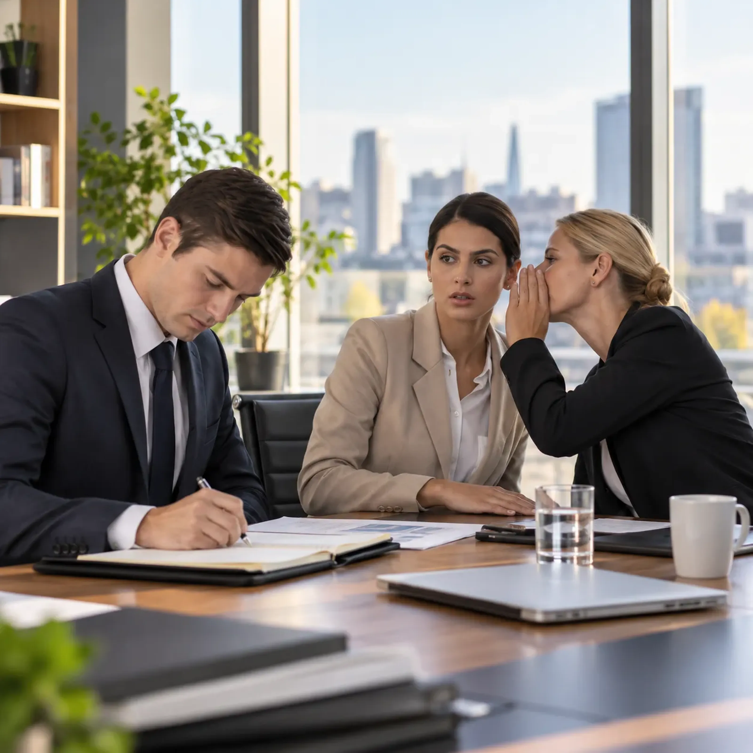 Drei Personen im Büro, zwei Frauen im Gespräch, flüstern sich Geheimnisse zu; ein Mann arbeitet unbemerkt. Großer Fensterblick im Hintergrund.