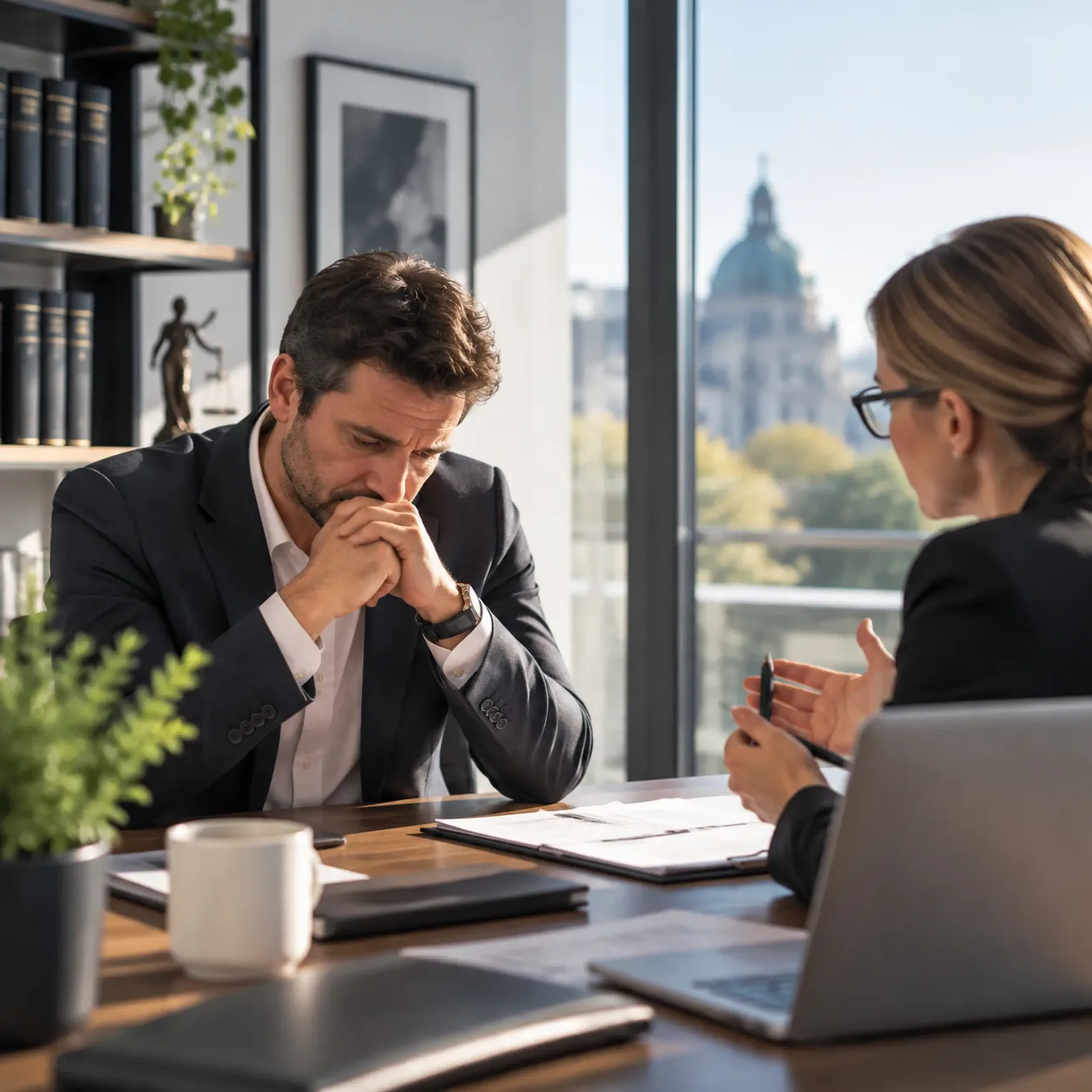 Zwei Personen in einem Büro, eine Frau erklärt etwas, während der Mann nachdenklich sitzt.