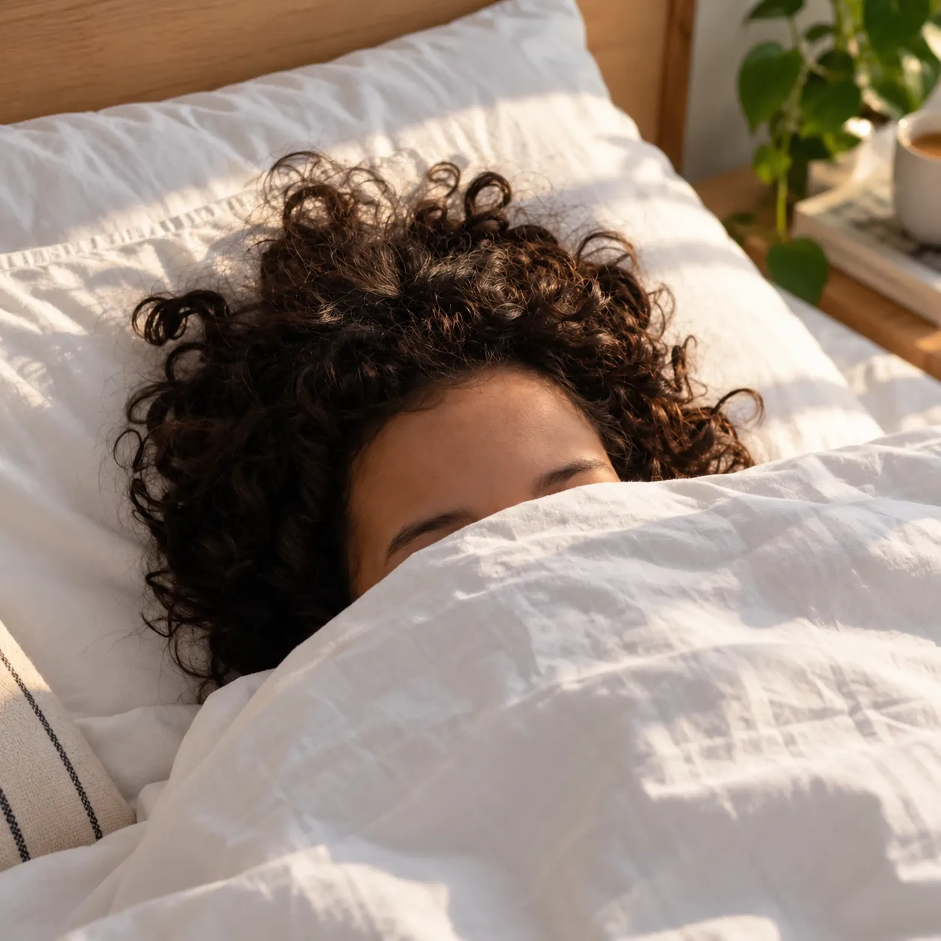 Person mit lockigem Haar liegt im Bett und ist fast vollständig von einer weißen Decke bedeckt, Pflanzen und eine Tasse im Hintergrund.