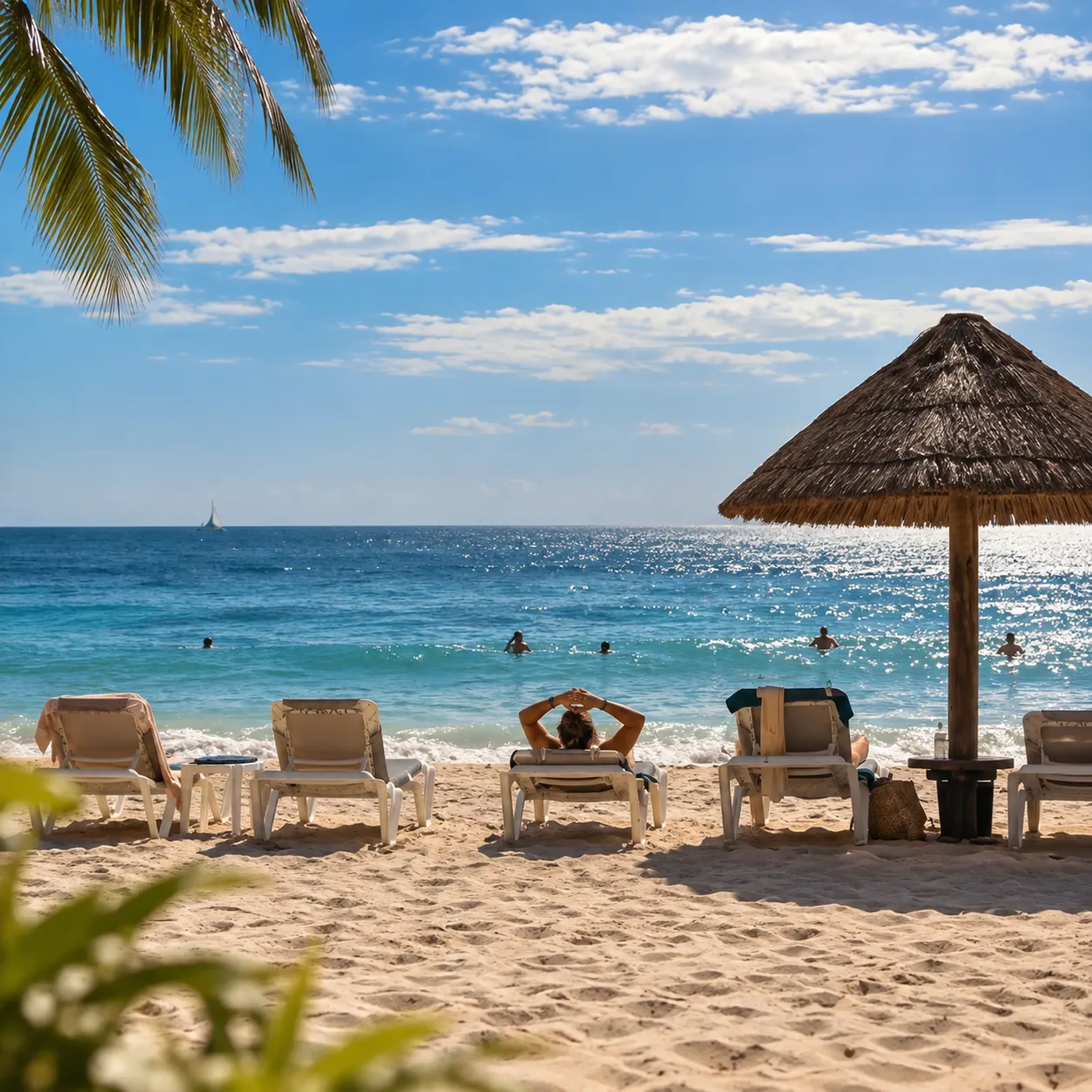 Sonnenliegen am Strand mit Blick auf das blaue Meer, Palmen und einem Sonnenschirm aus Stroh. Menschen schwimmen im Meer.