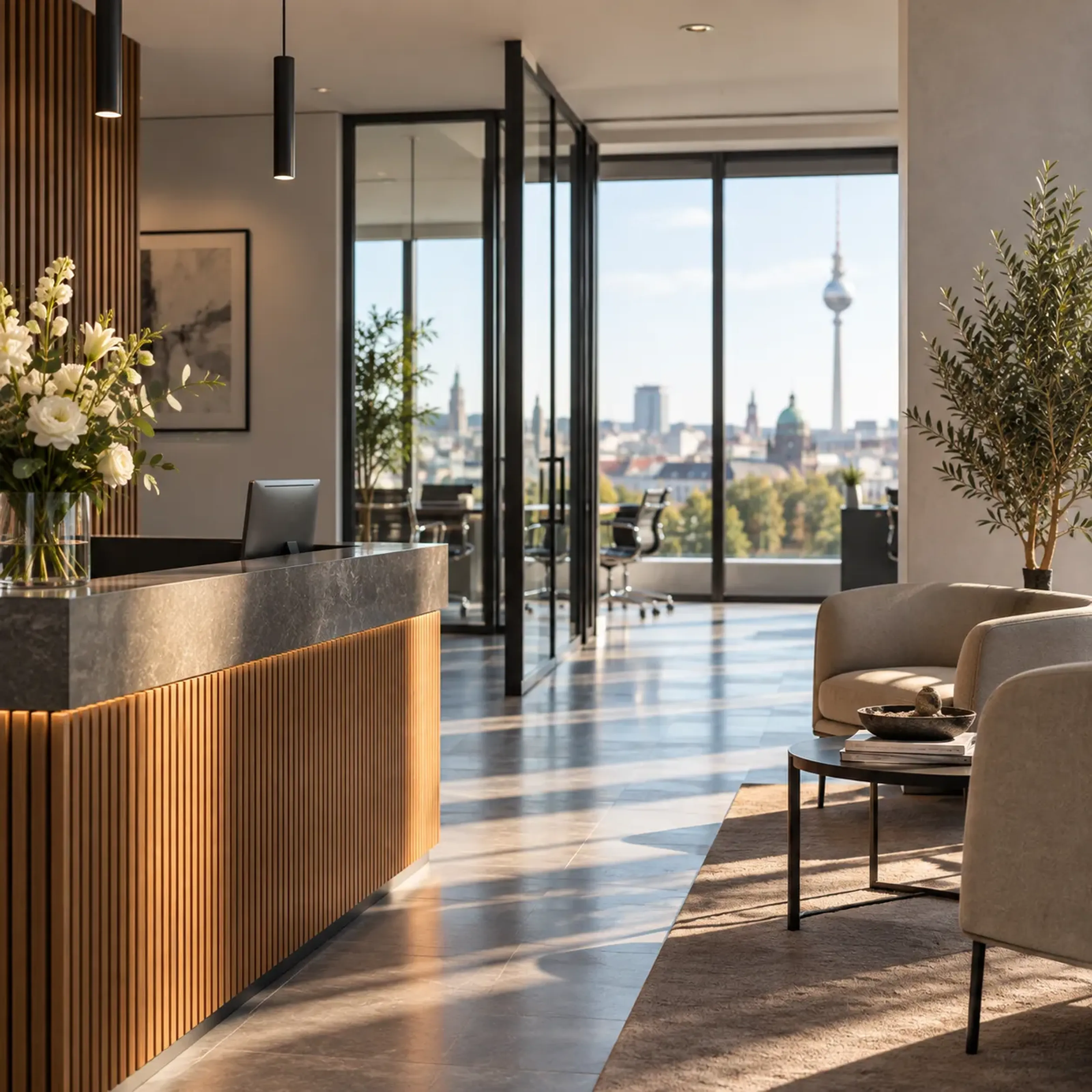 Moderne Büro-Lobby mit Empfangstresen, eleganten Möbeln und großen Fenstern, die eine Aussicht auf den Berliner Fernsehturm bieten.