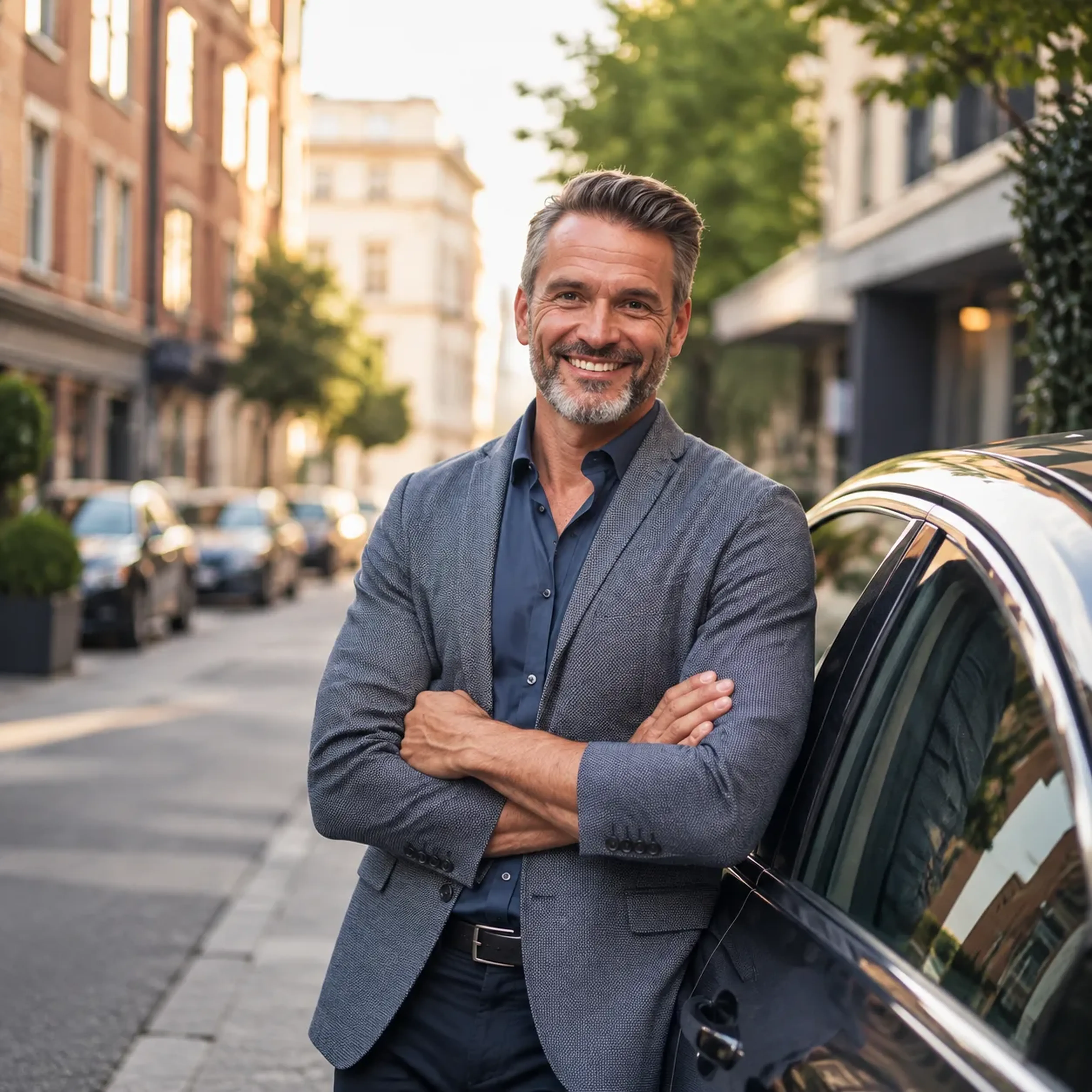 Ein lächelnder Mann steht auf der Straße neben einem Auto, die Arme verschränkt, im Hintergrund sind Gebäude und Bäume zu sehen.