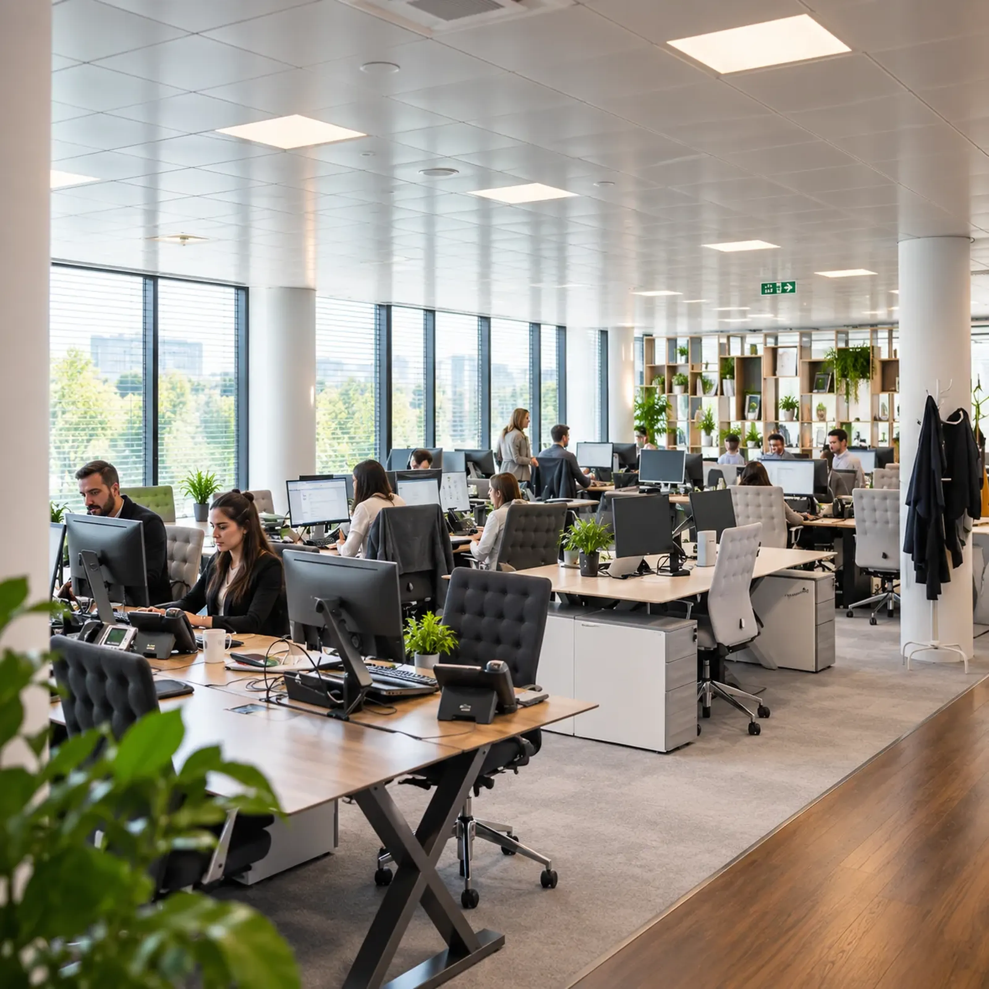 Großraumbüro mit mehreren Personen, die an Computern arbeiten. Moderne Einrichtung mit Pflanzen und großen Fenstern, die Tageslicht hereinlassen.