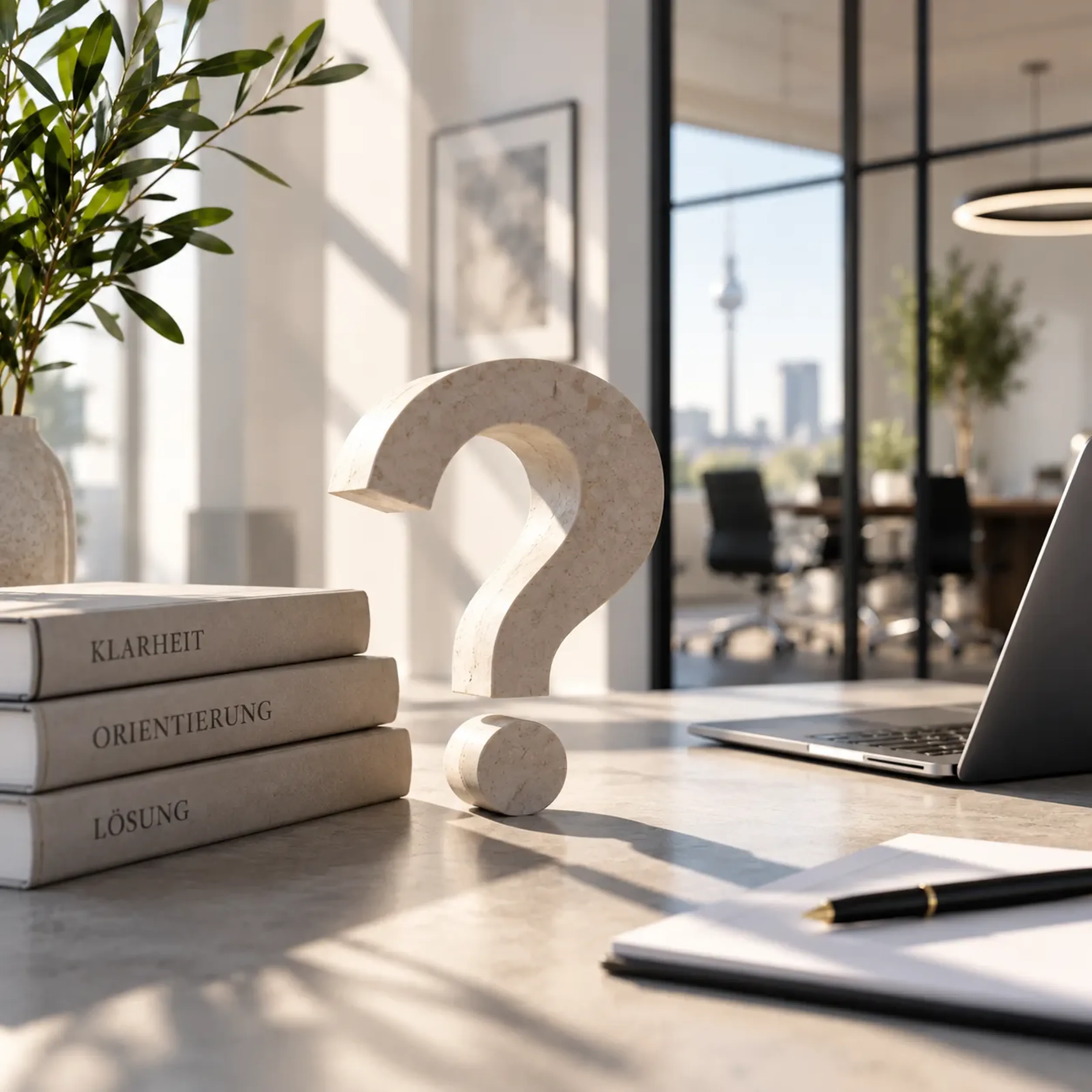 Ein Büro mit einem großen Fragezeichen, Büchern mit Beschriftungen "Klarheit", "Orientierung", "Lösung" und einem Laptop auf einem Tisch.