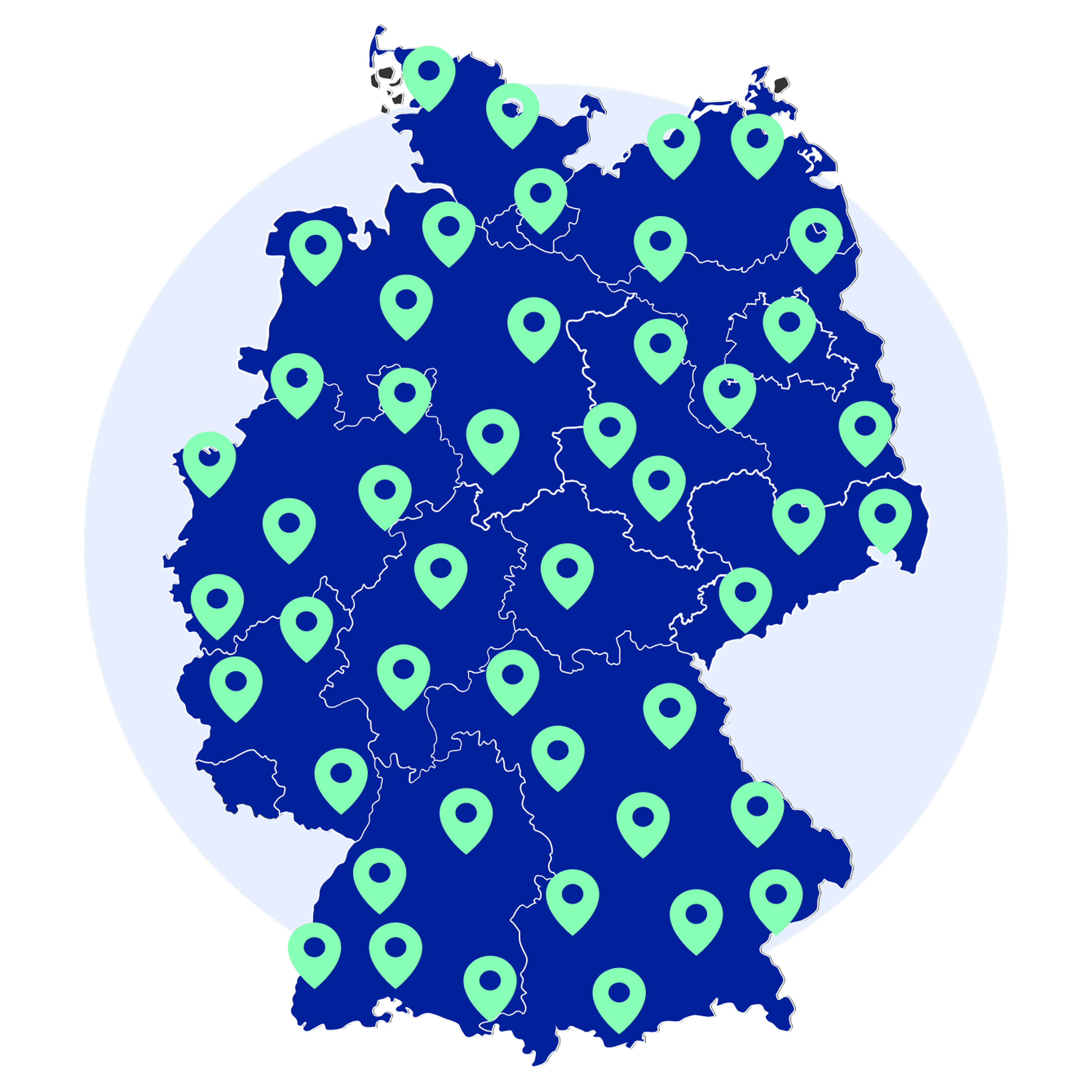 Karte von Deutschland mit grünen Standortmarkierungen in verschiedenen Gebieten, die mehrere Sehenswürdigkeiten hervorheben.