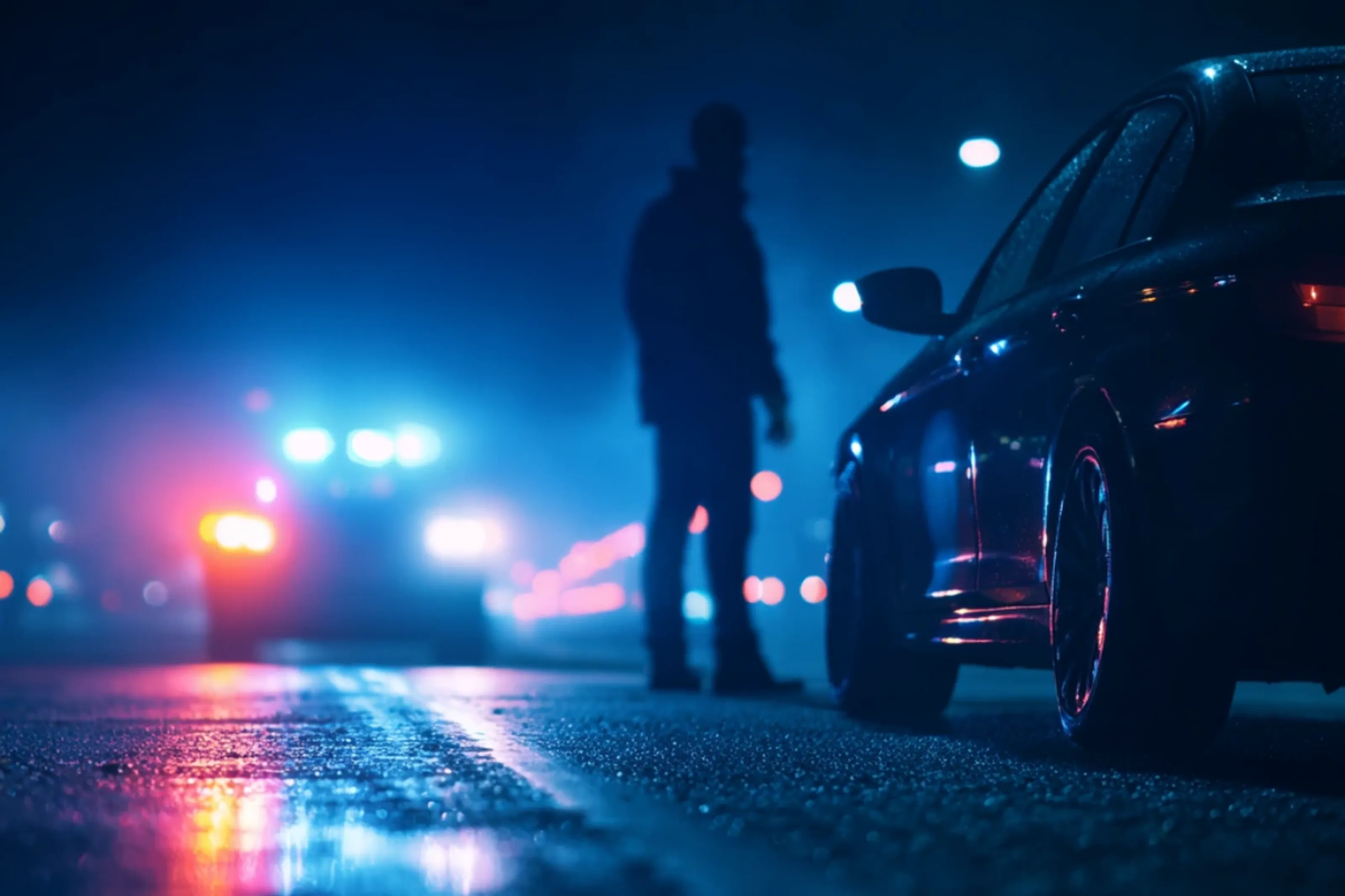 Auto und Person bei Nacht mit blinkenden Polizeilichtern im Hintergrund, Straße nass und reflektierend.