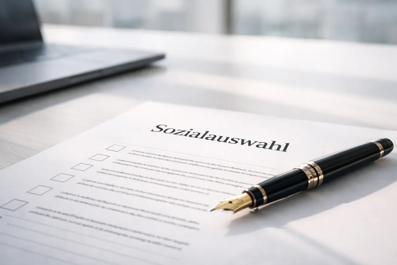 A document titled "Sozialauswahl" with a checklist and a fountain pen, placed on a desk next to a laptop.