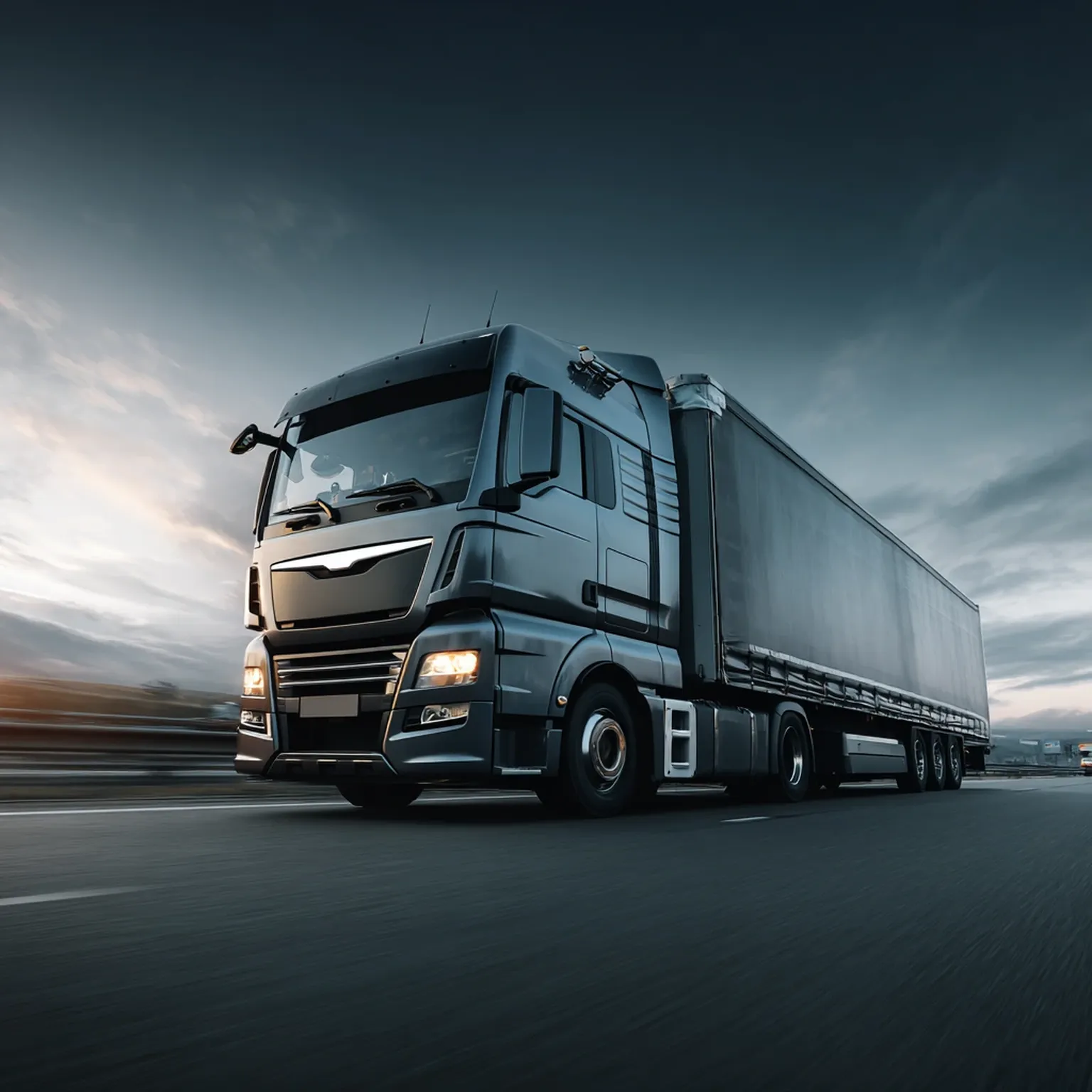 Schwarzer Lastwagen fährt bei Sonnenuntergang auf Autobahn; dynamische Straßenaufnahme.