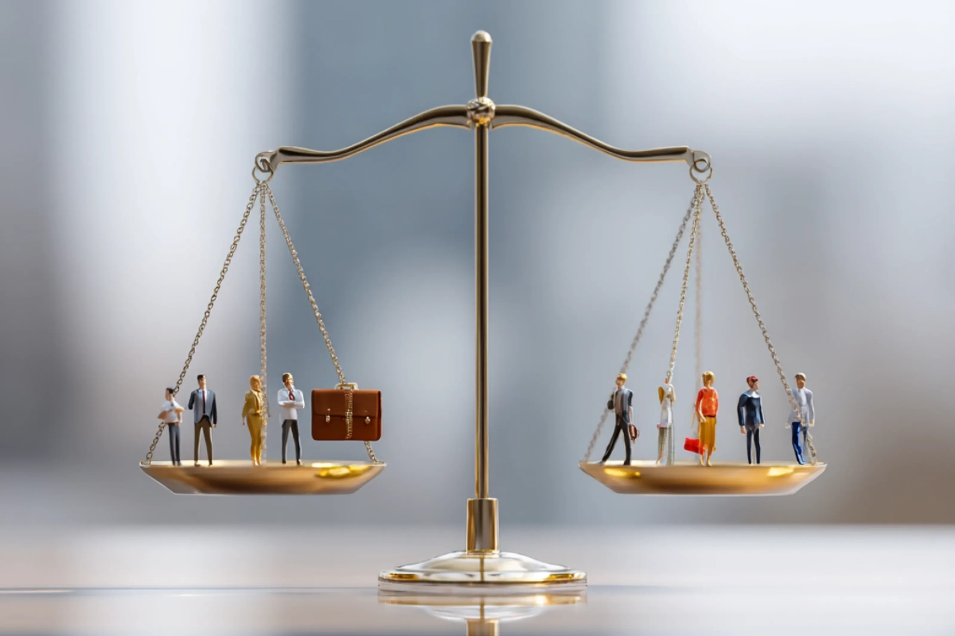 Goldene Waage mit Miniaturfiguren auf beiden Seiten, symbolisiert Gleichgewicht zwischen Karriere und Leben.