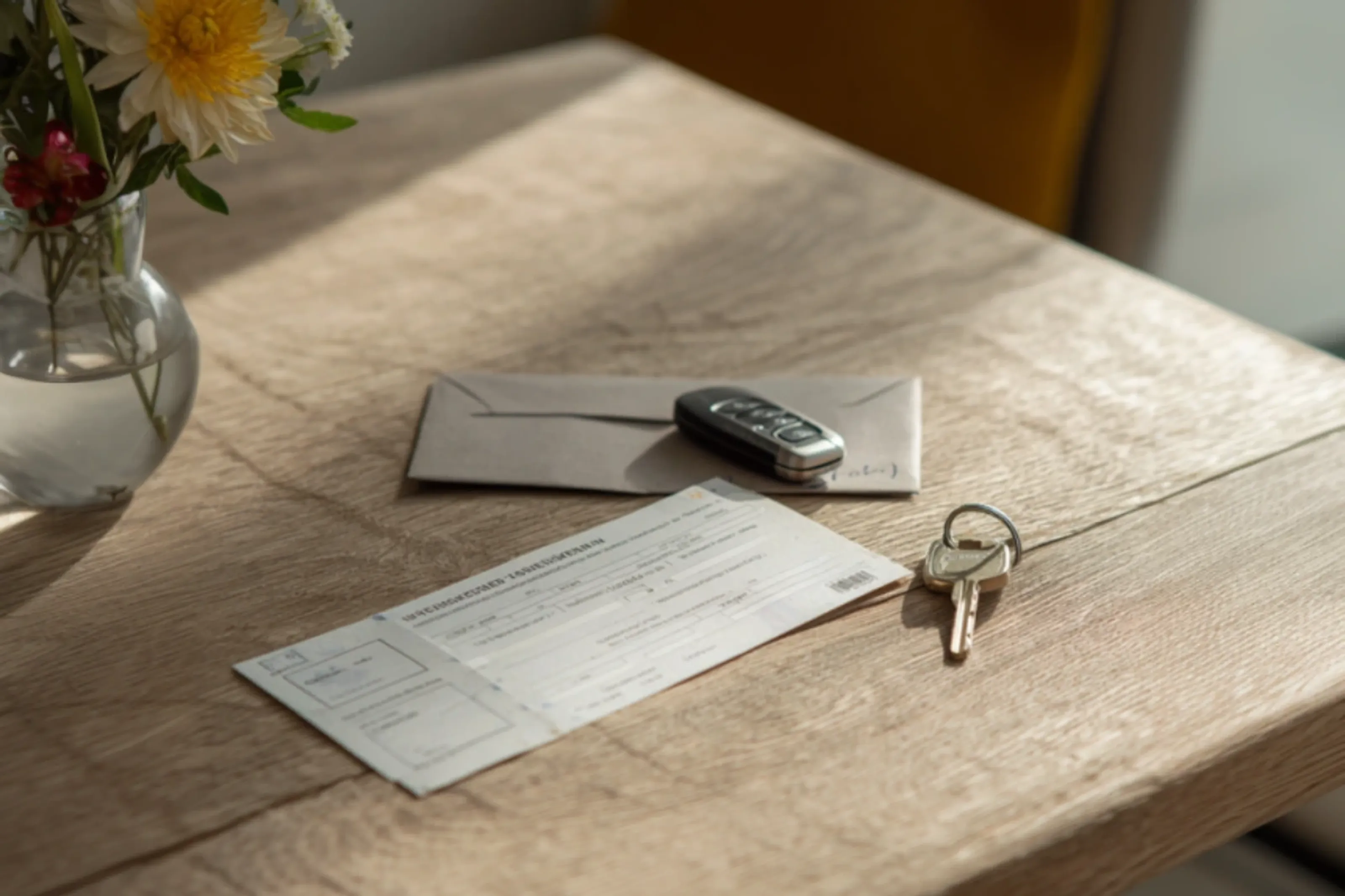 Schlüssel, Fernbedienung, Umschlag und Vase mit Blumen auf Holztisch bei Tageslicht arrangiert.