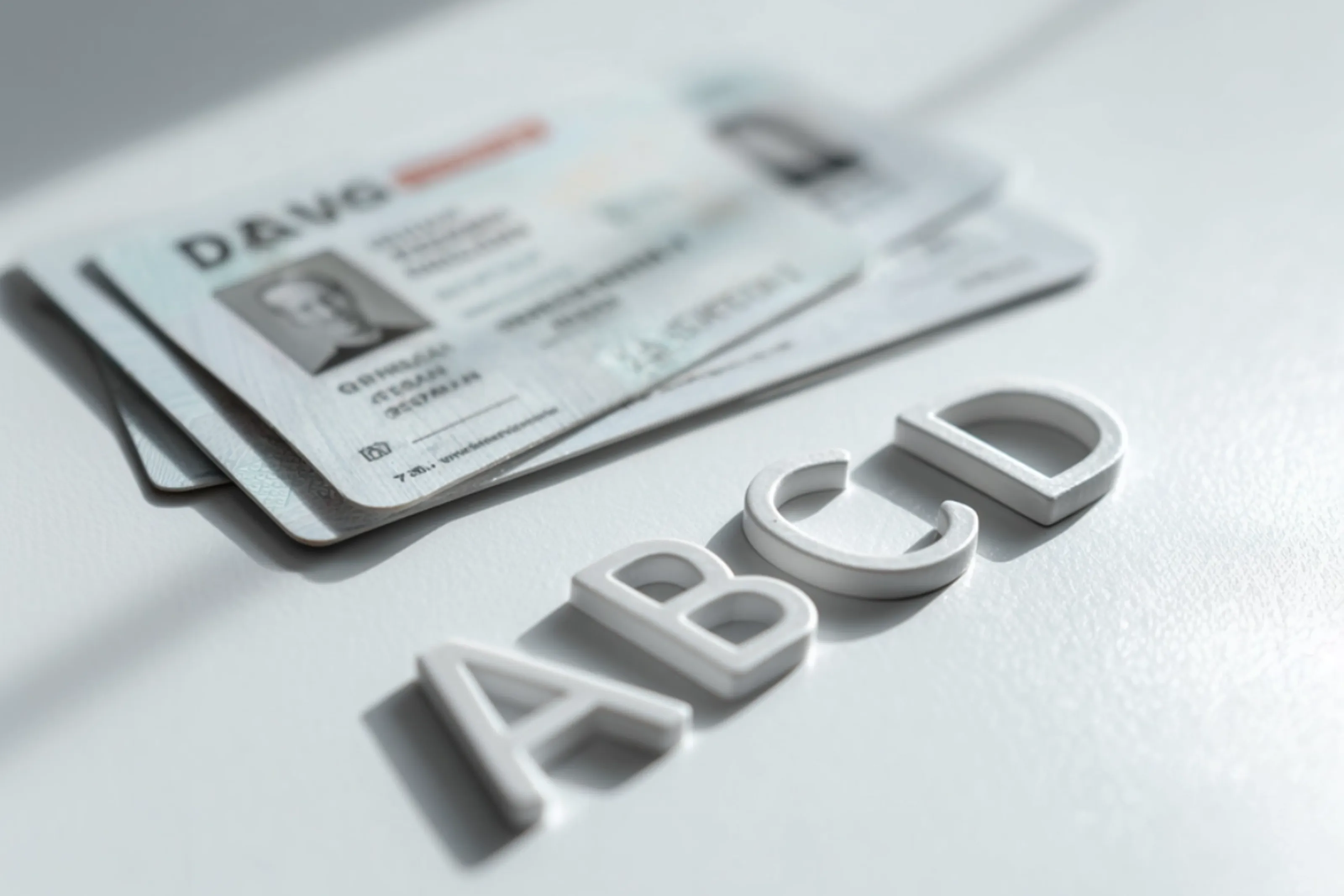 Zwei Ausweise liegen auf einem Tisch, daneben stehen die Buchstaben ABCD in Weiß.