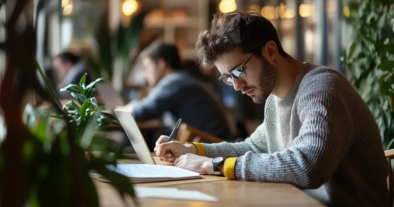 Weiterbildung Pflicht oder Kuer - konzentrierter Mitarbeiter bildet sich im Rahmen seiner Tätigkeit weiter. Laptop und Schreibmaterialien liegen auf dem Officetisch.