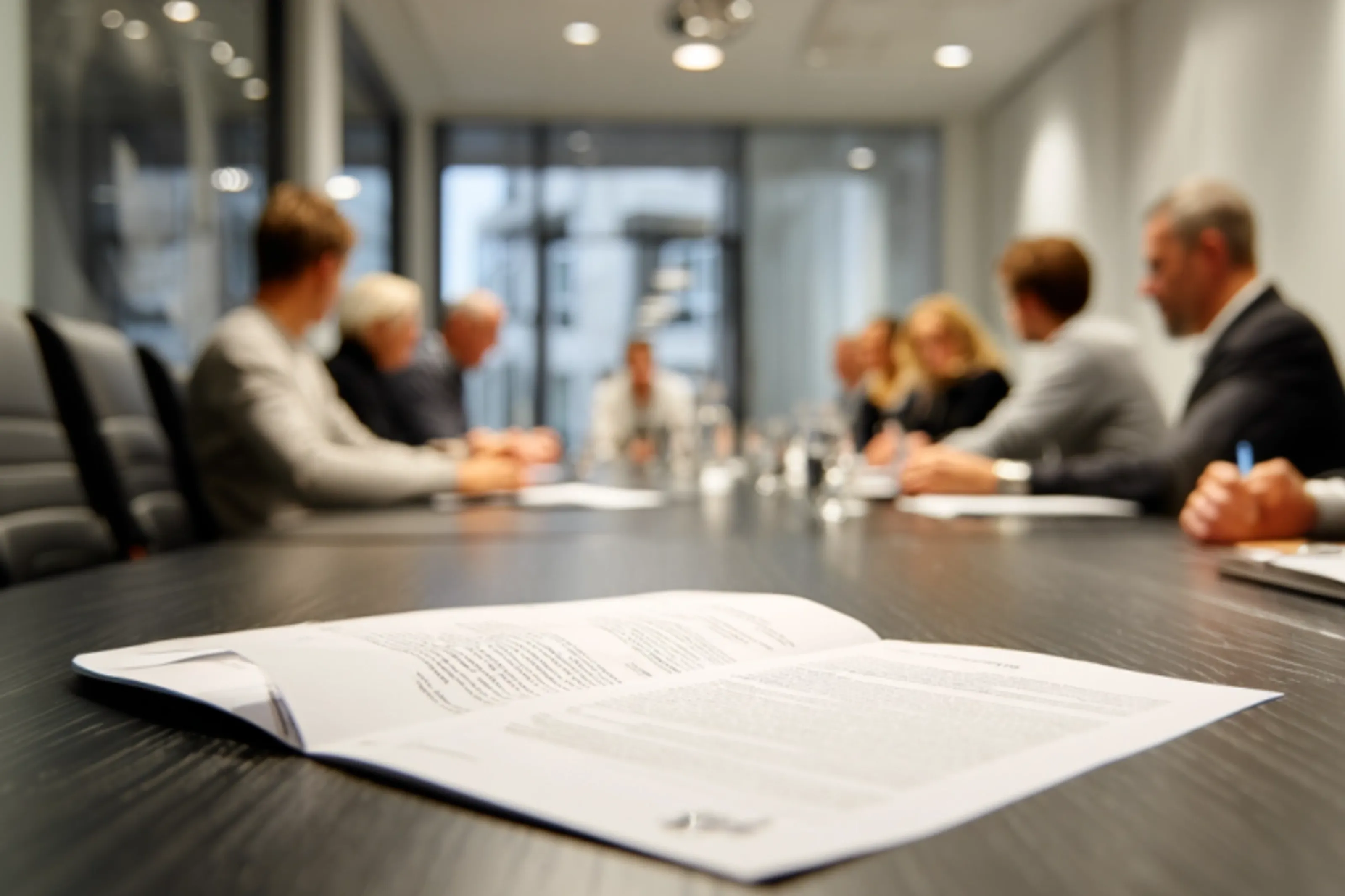 Verschwommene Personen in Besprechung, Fokus auf Dokument auf Konferenztisch im modernen Büro.