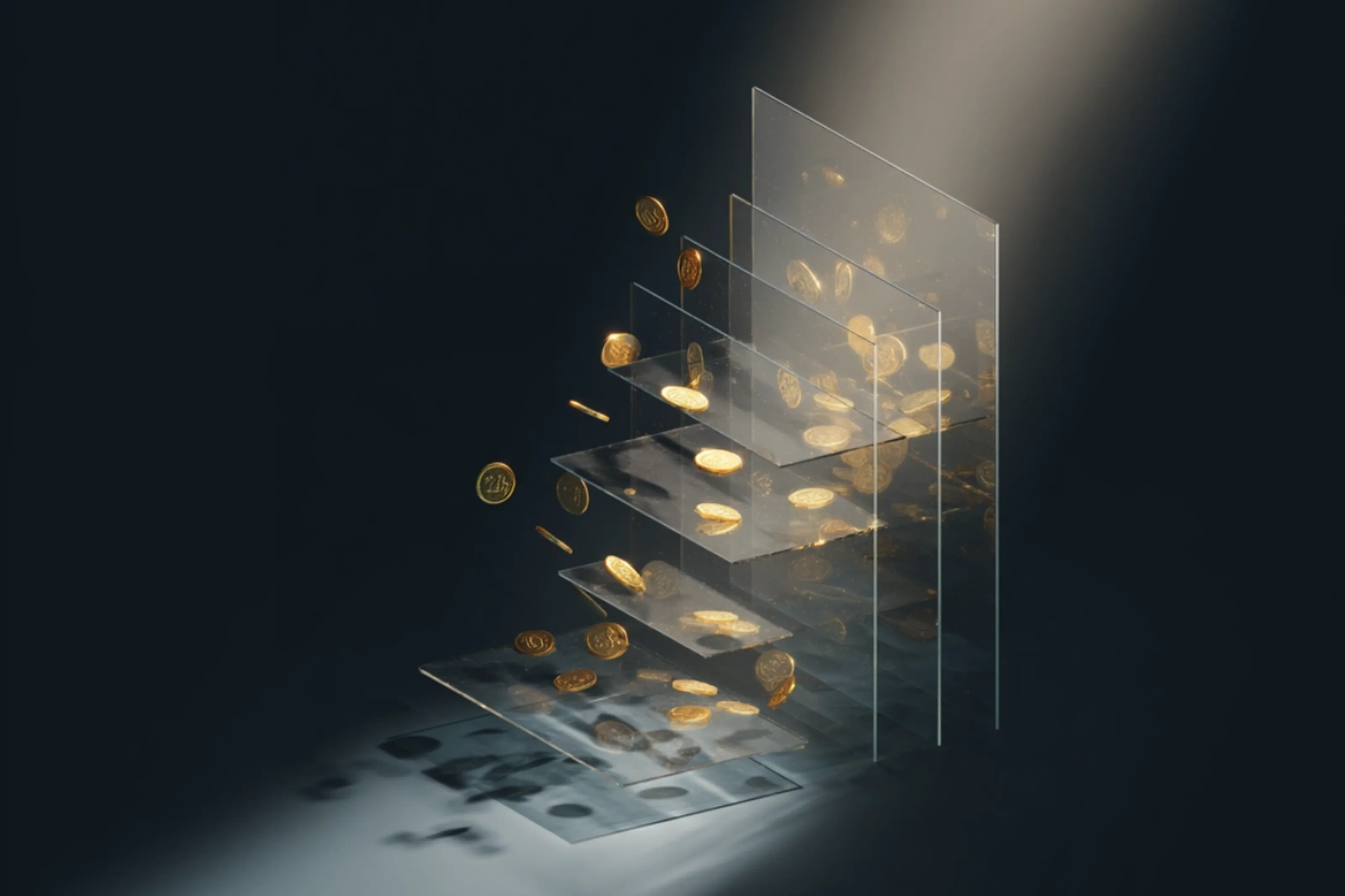 Schwebende Goldmünzen zwischen transparenten Glasschichten in Spotlight, vor dunklem Hintergrund.