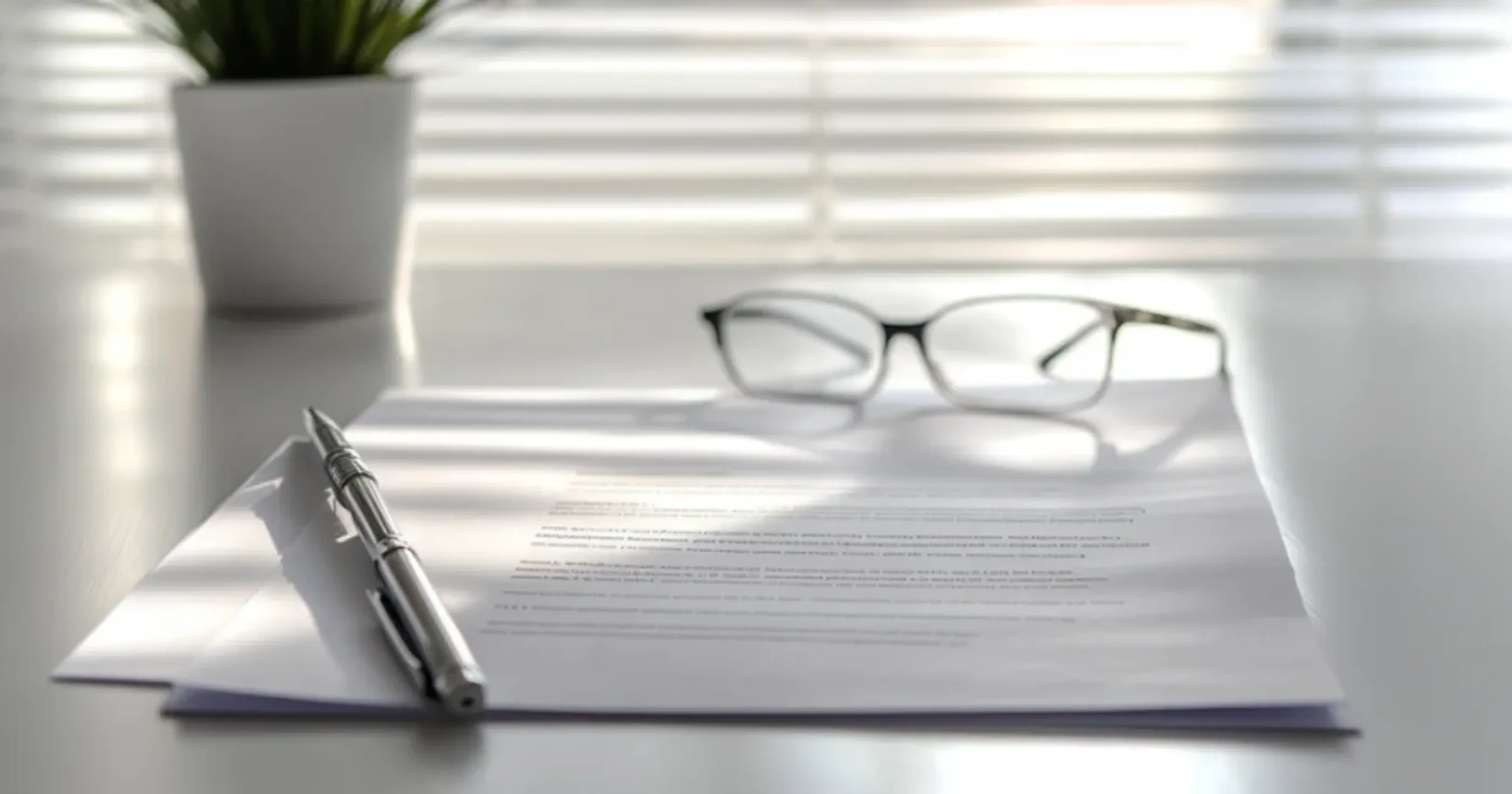 Ausdruck einer Arbeitsbescheinigung auf ein Schreibtisch mit Stift und Brille