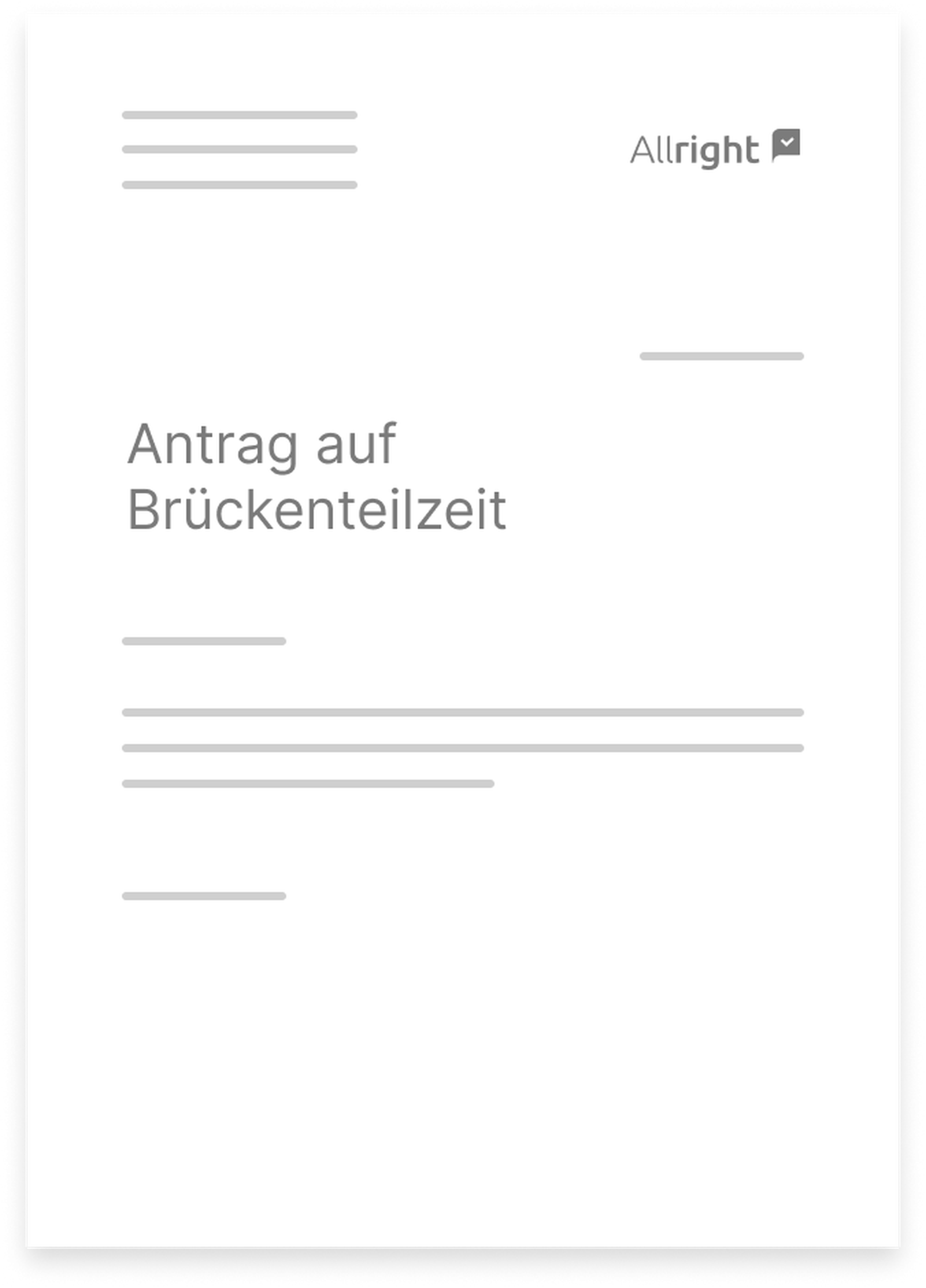 A document titled "Antrag auf Brückenteilzeit" with the logo "Allright" at the top right, featuring a minimalistic design.