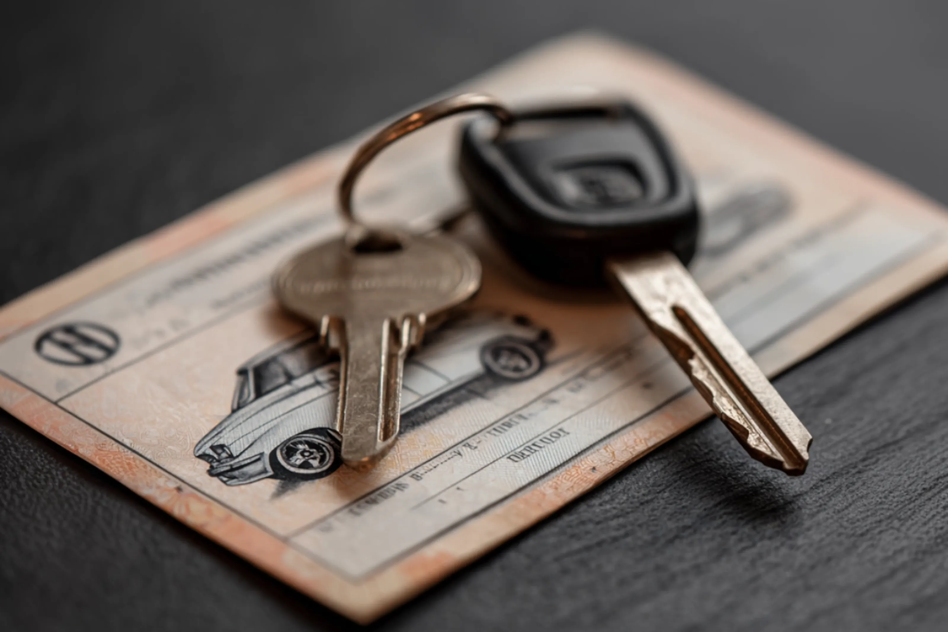 Autoschlüssel liegen auf einem alten Fahrzeugbrief mit gezeichnetem Auto. Autopapier auf dunklem Hintergrund.