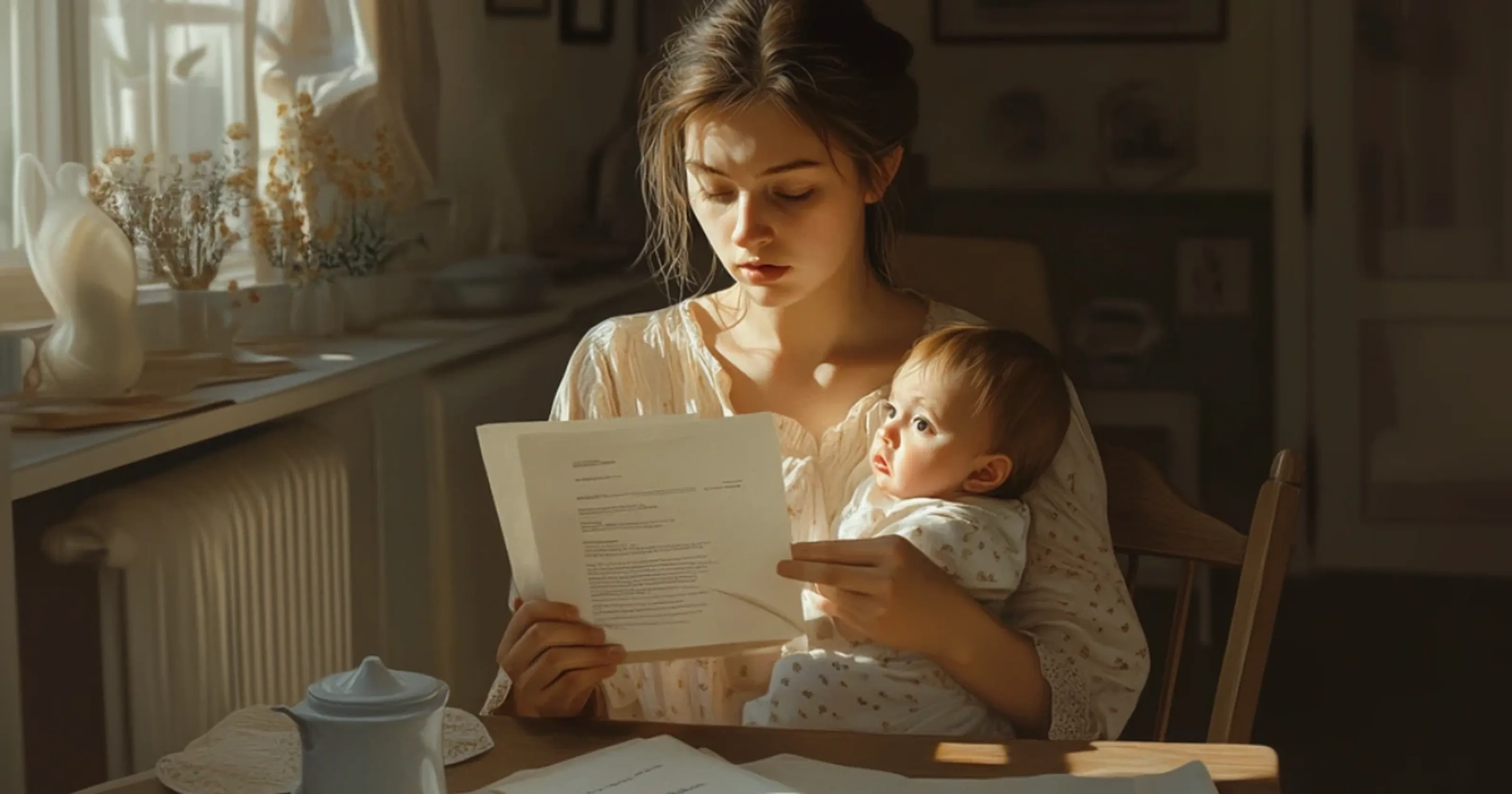 Kündigung Während der Elternzeit - Mutter mit Kündidgungsschreiben in der Hand während Kind im Arm ist in einem warmen Wohnzimmersetting