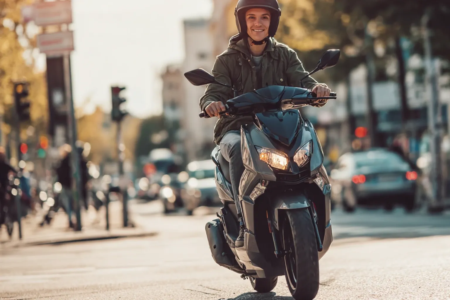Junge Person fährt mit einem Elektroroller auf einer belebten Stadtstraße bei Tageslicht.
