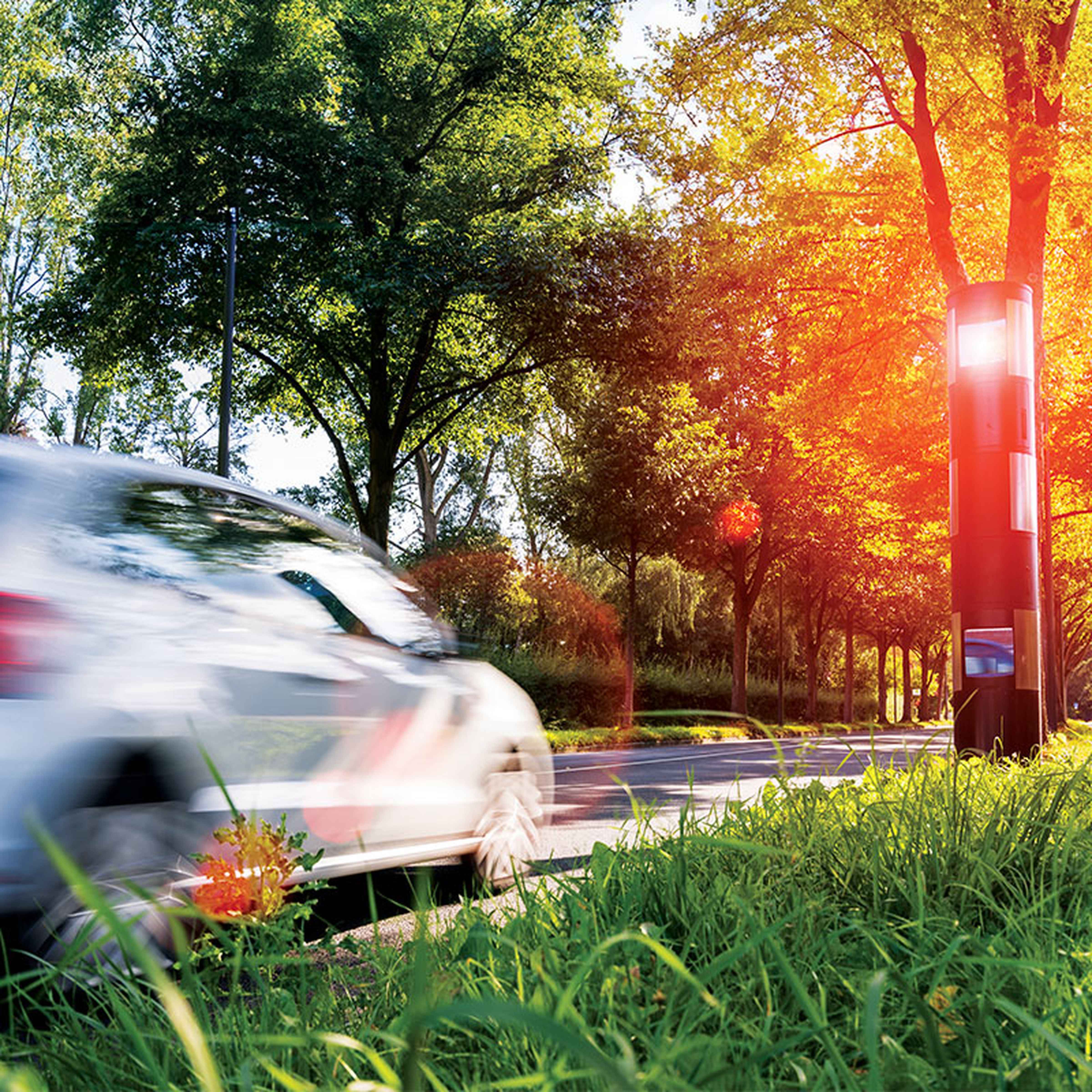 Ein verschwommenes weißes Auto fährt an einer Radarkamera auf einer von Bäumen gesäumten Straße vorbei, umgeben von Sonnenlicht, das durch das Laub fällt.