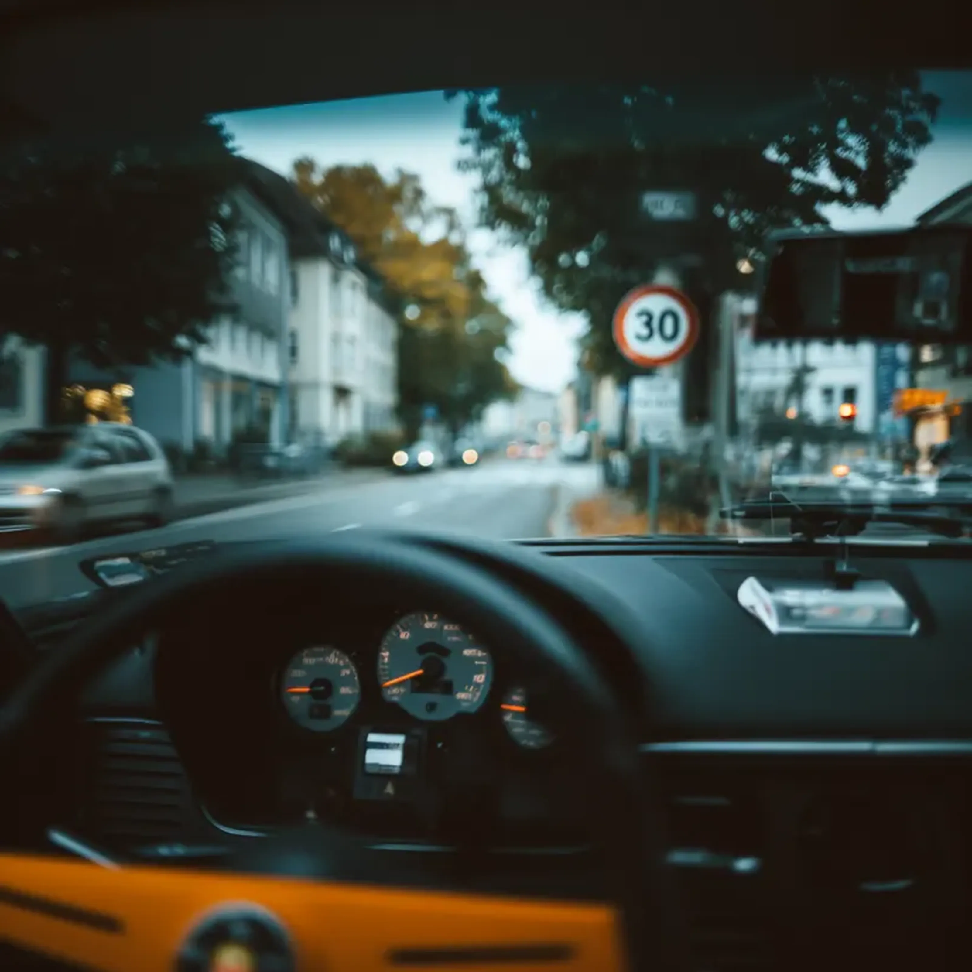 View from inside a car with a blurred street scene; speedometer visible, speed limit sign reads 30, and surrounding buildings are slightly out of focus.