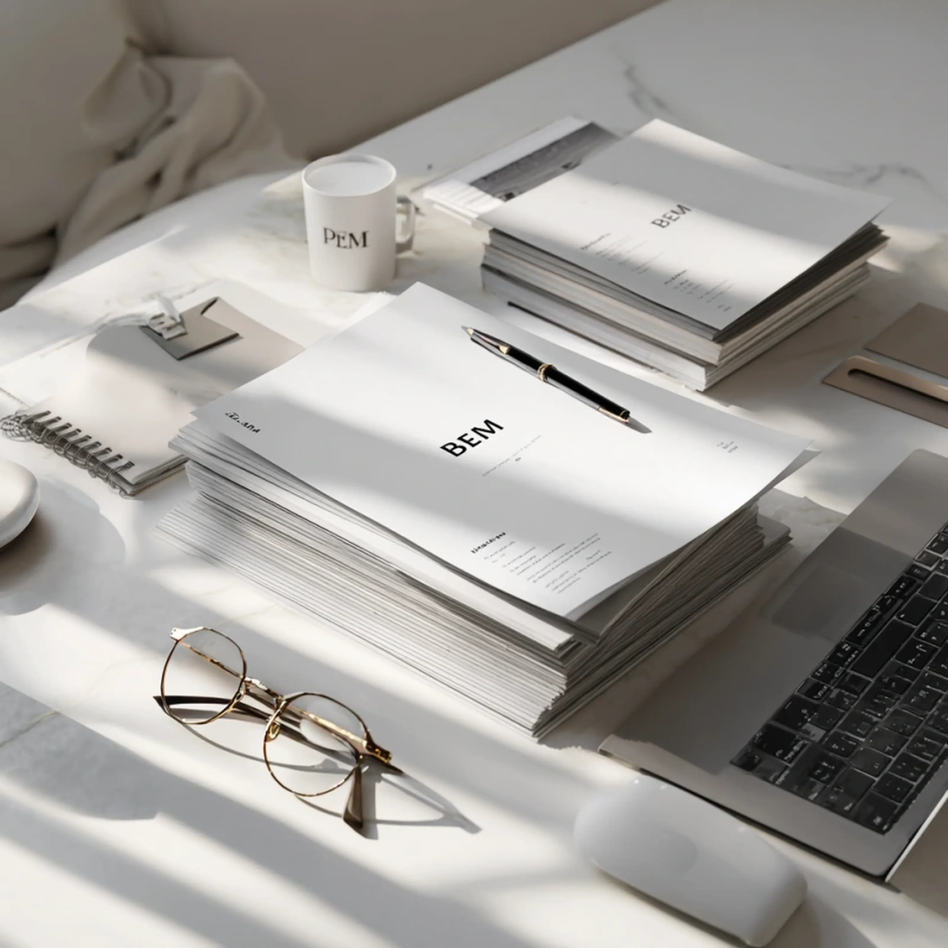 A tidy desk with stacked documents labeled "BEM," a laptop, glasses, notebook, pen, and a mug, all bathed in soft sunlight.