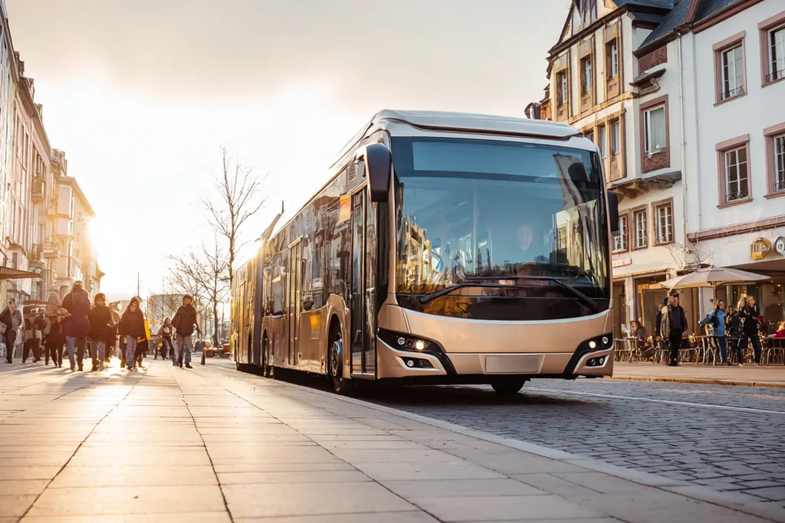 Moderner Bus bei Sonnenuntergang in der Stadt, Menschen spazieren auf der Straße, historische Gebäude im Hintergrund.
