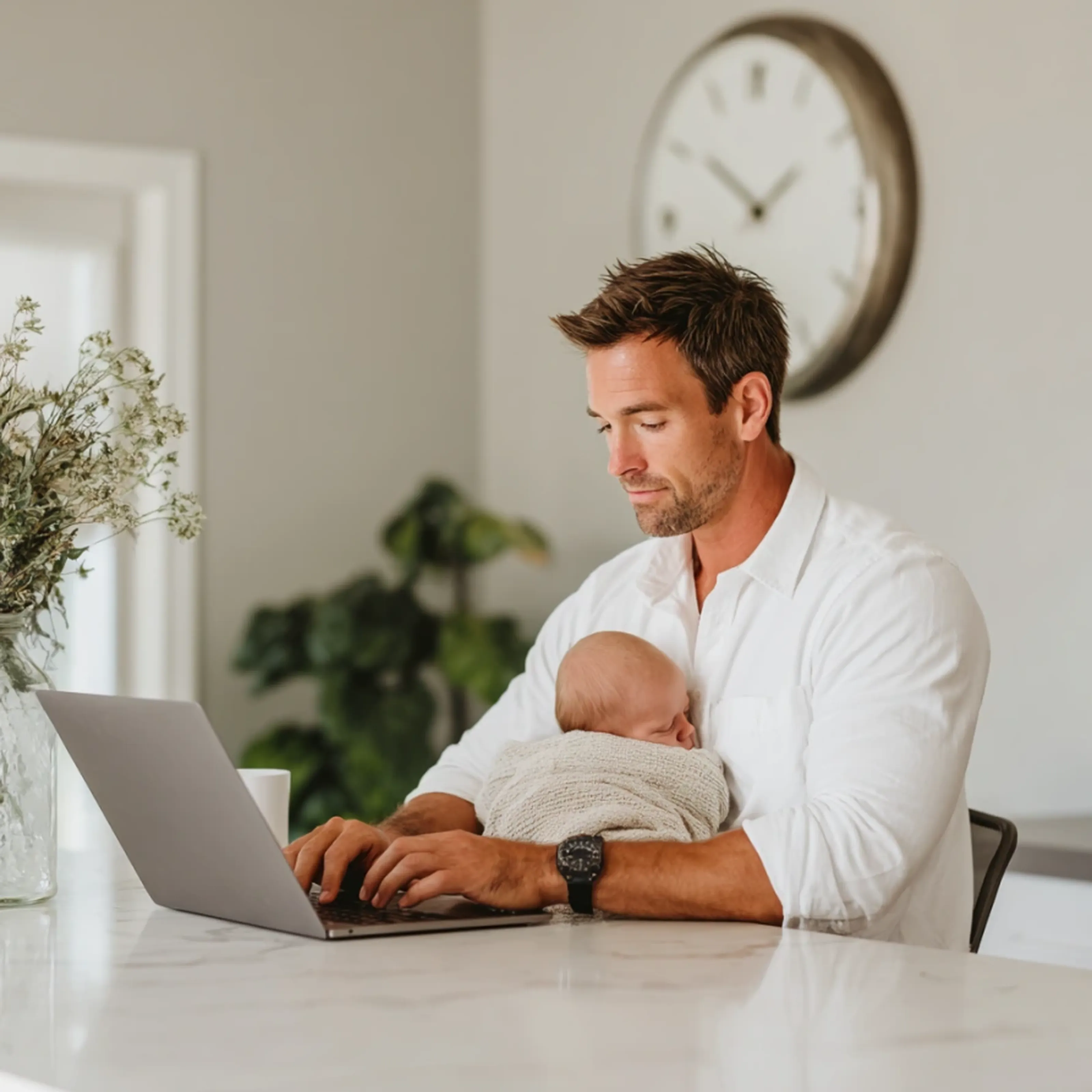 Man in white shirt working on a laptop at a kitchen counter, holding a sleeping baby wrapped in a blanket, with a large clock on the wall behind.