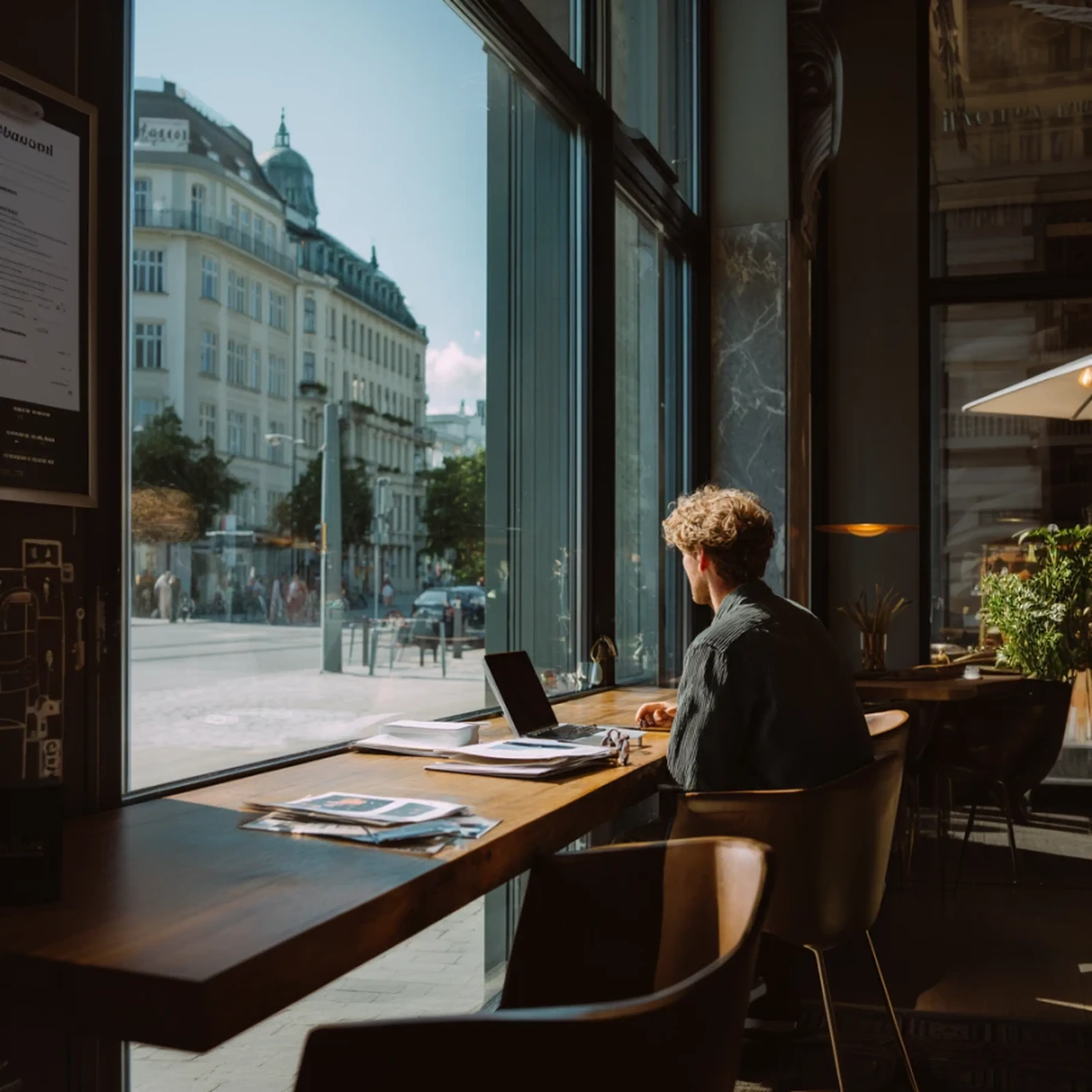 A person sits at a cafe window counter working on a laptop, with a view of a city street and historic buildings outside.