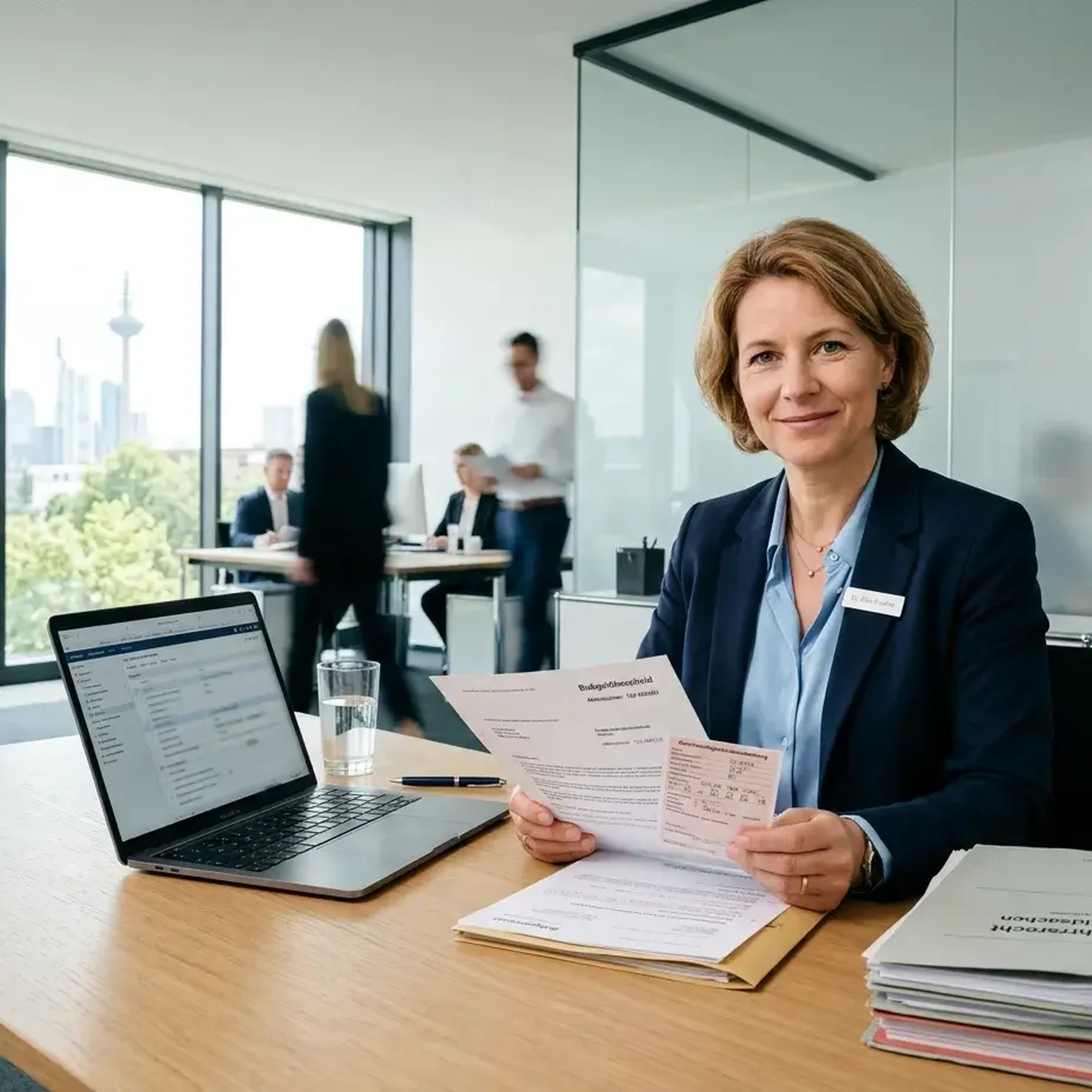 Eine Frau in einem Büro lächelt in die Kamera, während sie Dokumente hält. Ein Laptop steht auf dem Tisch, und im Hintergrund arbeiten Kollegen.