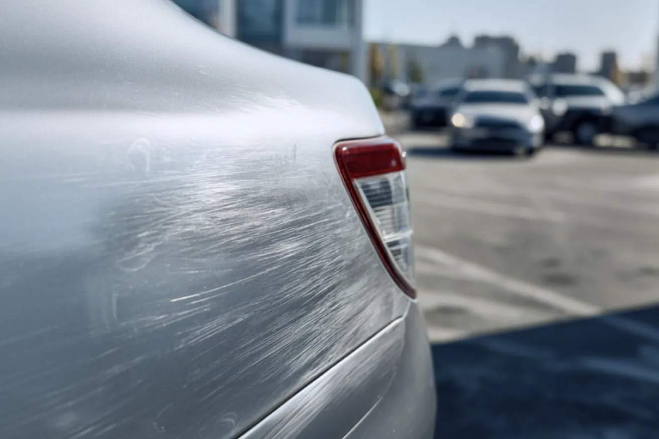 Nahaufnahme eines silbernen Autos mit Kratzern an der rechten hinteren Ecke auf einem Parkplatz.