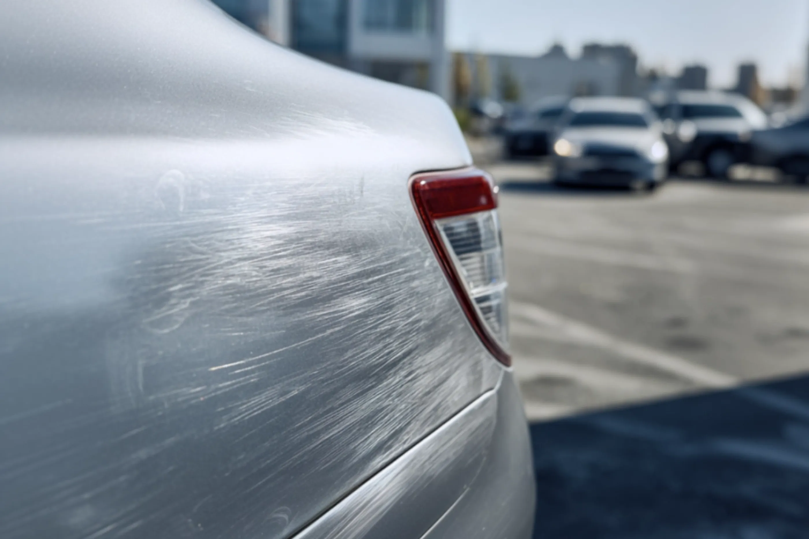 Nahaufnahme eines silbernen Autos mit Kratzern an der rechten hinteren Ecke auf einem Parkplatz.