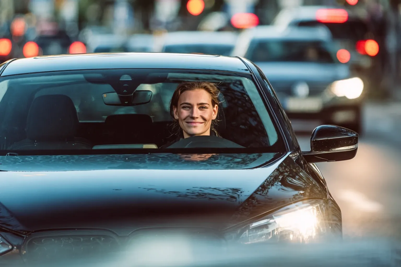 Eine Frau lächelt im schwarzen Auto im Stadtverkehr bei Abenddämmerung.