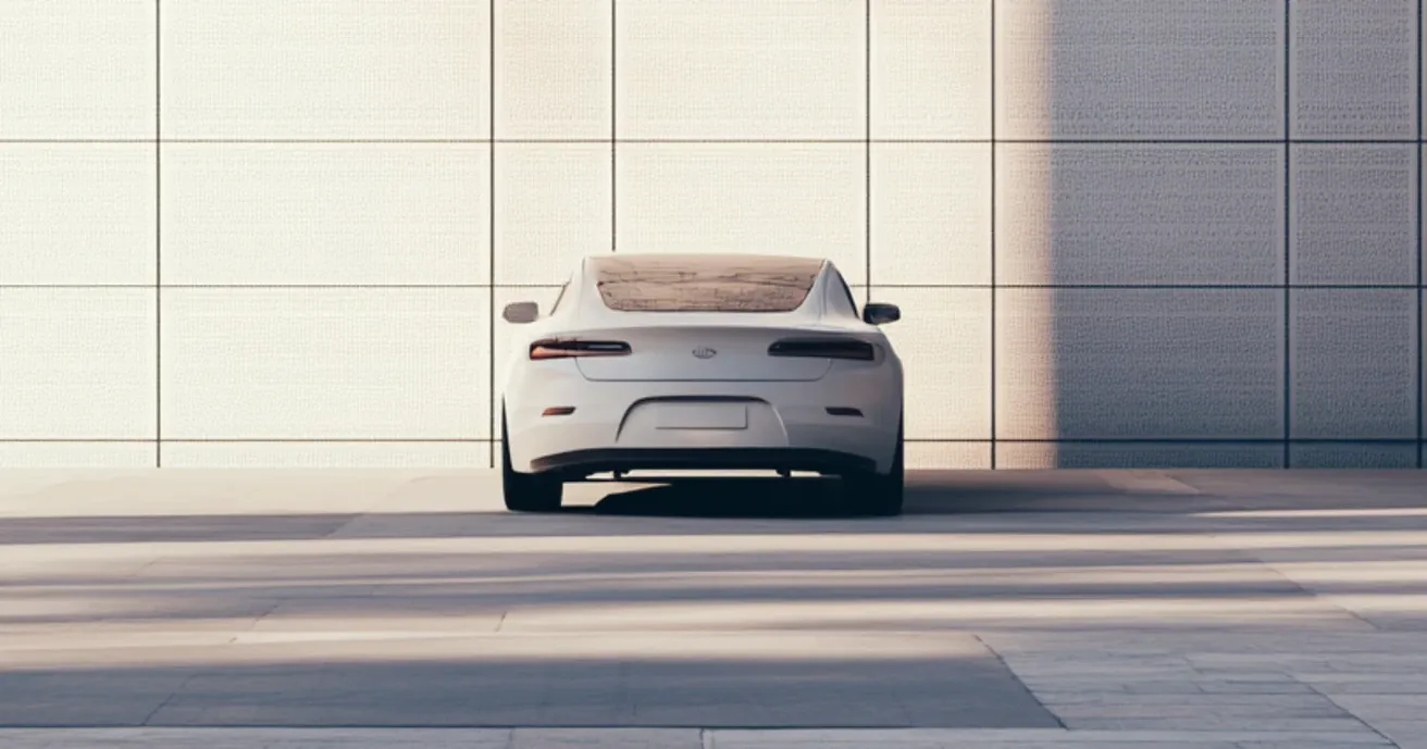 Fahren ohne Zulassung - Weißes Auto (Sportwagen) parkend inmitten eines leeren Parkplatzes am frühen Morgen.