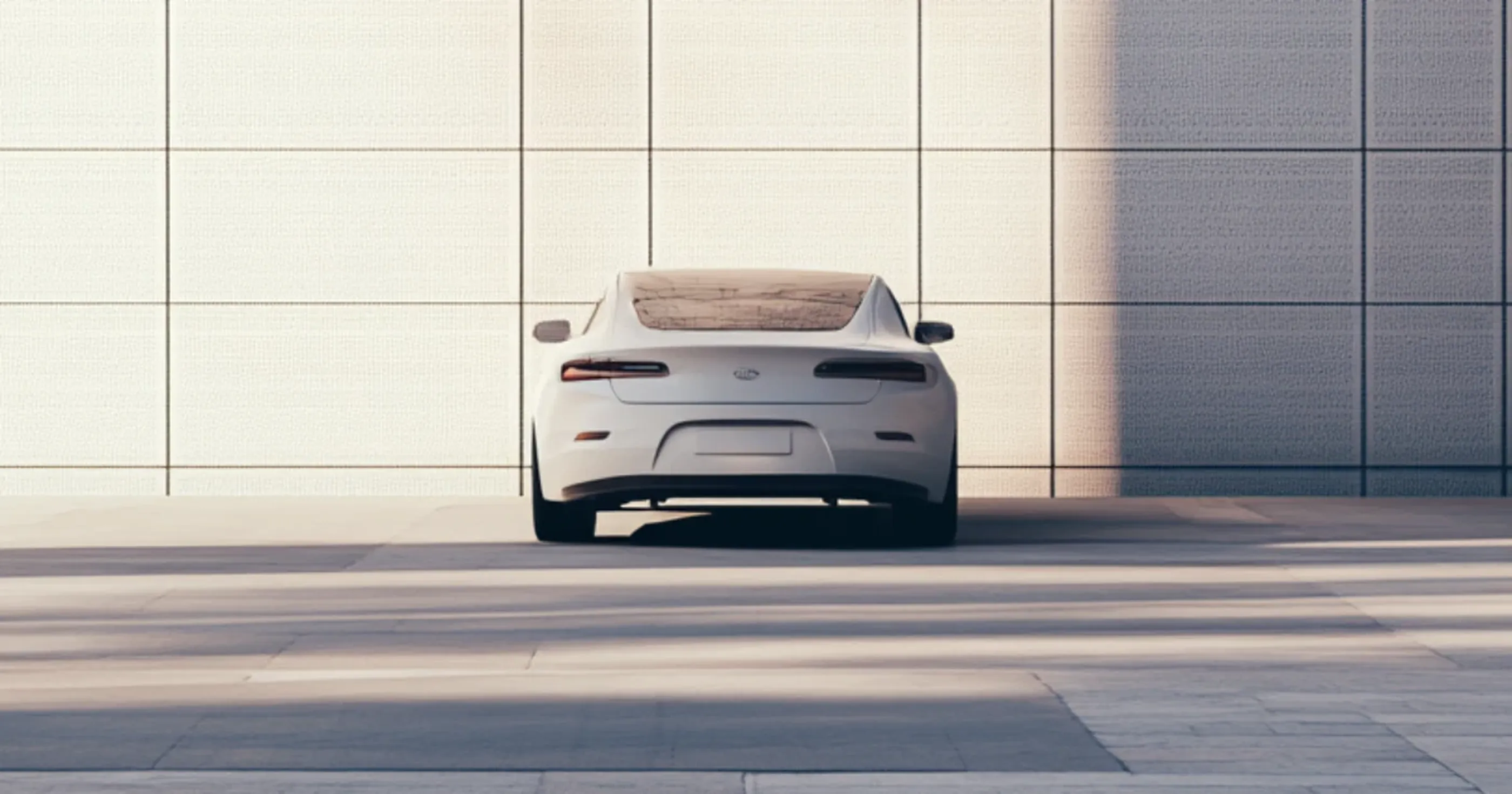 Fahren ohne Zulassung - Weißes Auto (Sportwagen) parkend inmitten eines leeren Parkplatzes am frühen Morgen.