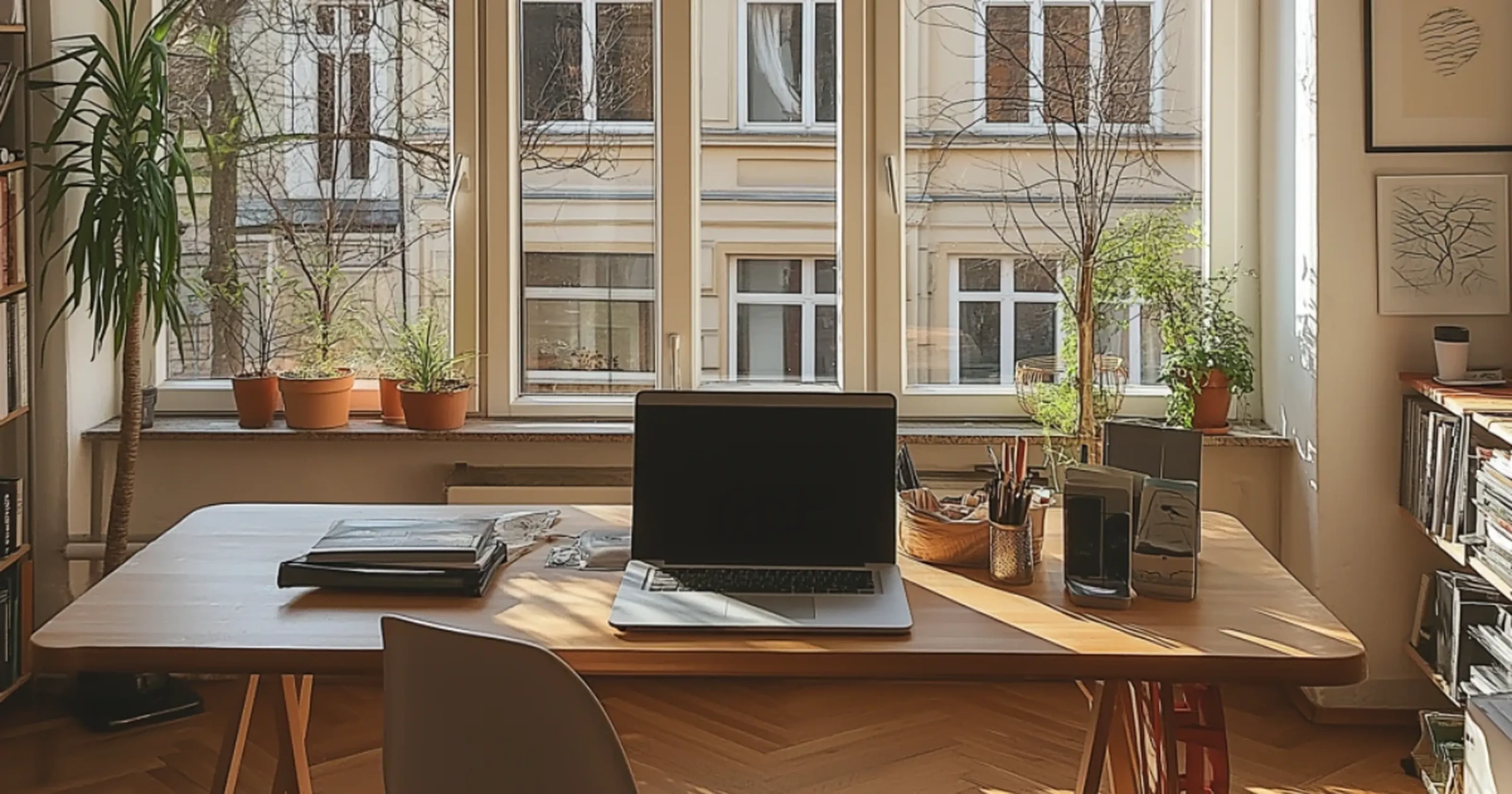 Wo gilt die Mietpreisbremse? Schreibtisch mit offenen Laptop in bepflanzter Altbauwohnung Berlin