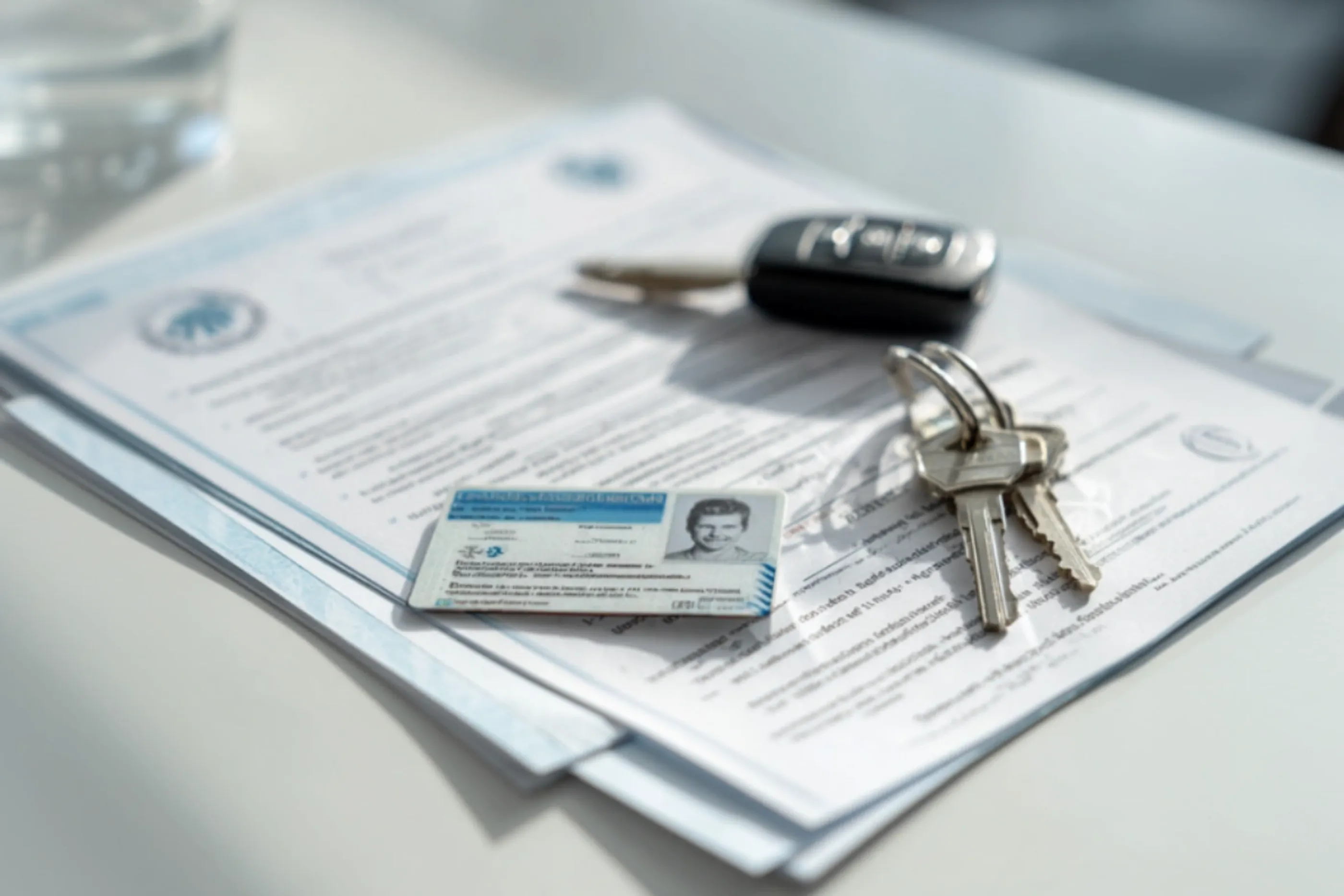 Führerschein, Autoschlüssel und Dokumente auf einem Tisch liegend. Schlüsselbund neben den Papieren.