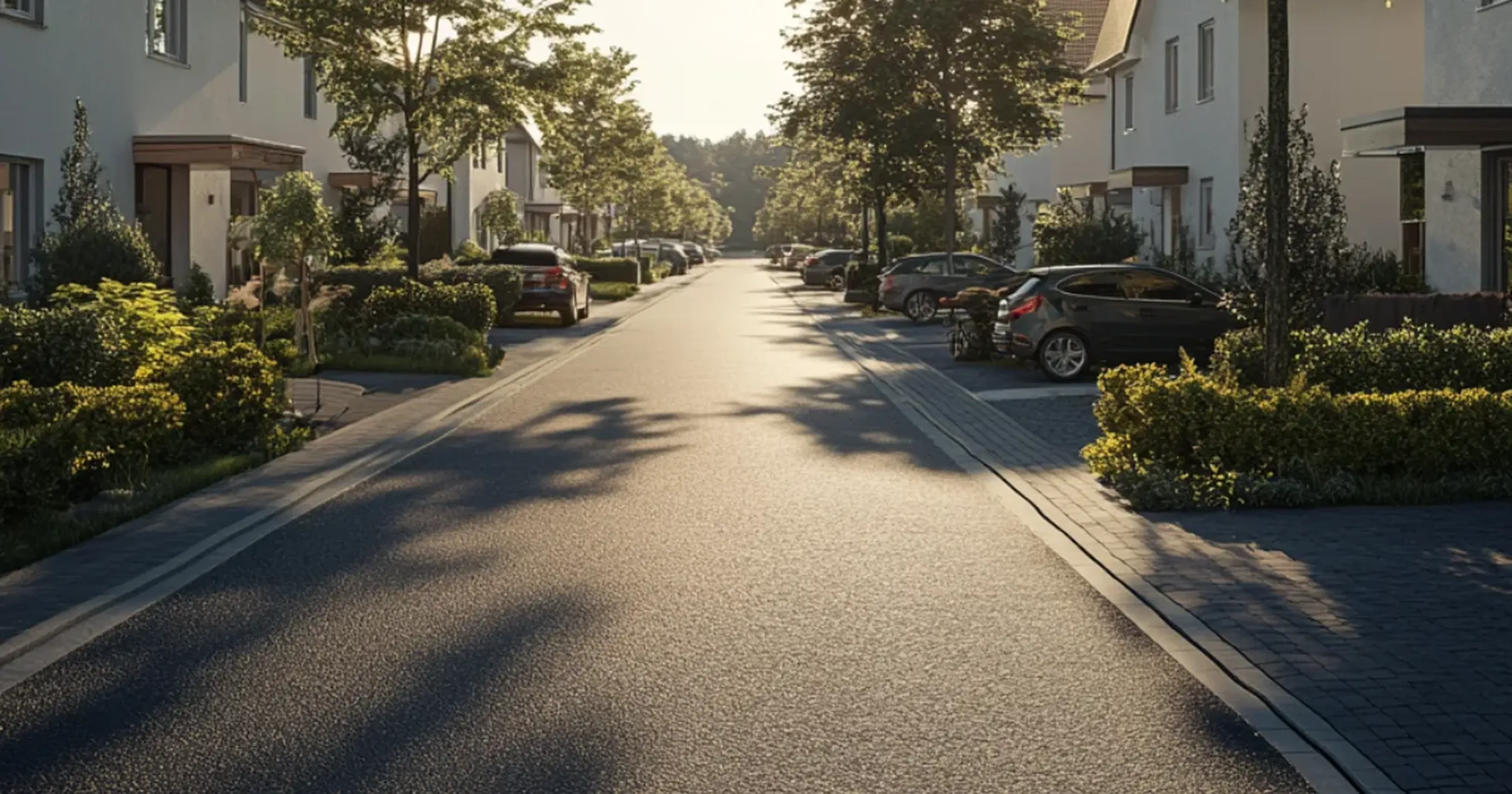 Privatstraße mit Eigentumswohnungen. Anliegerbereich mit Parkenden Autos