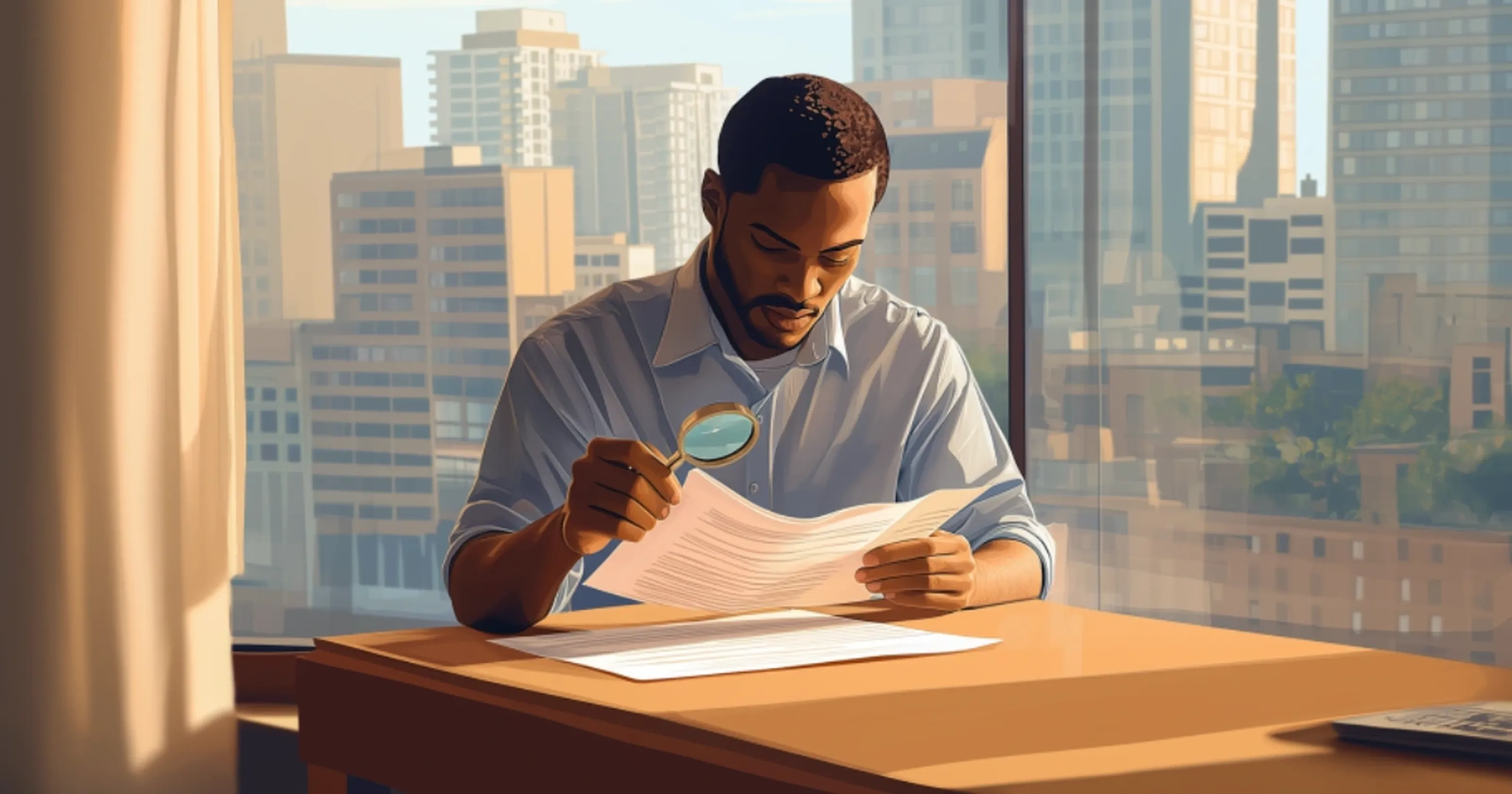 Rechte durchsetzen bei Mietpreisbremse - Ruege einreichen. Mieter mit Mietvertrag in der einen Hand und einer Lupe in der anderen Hand. Symbolisch gemeint ist das Prüfen der Möglichkeiten zur Durchsetzung von Mieterrechten vor allem in Inbetracht auf die Mietpreisbremse