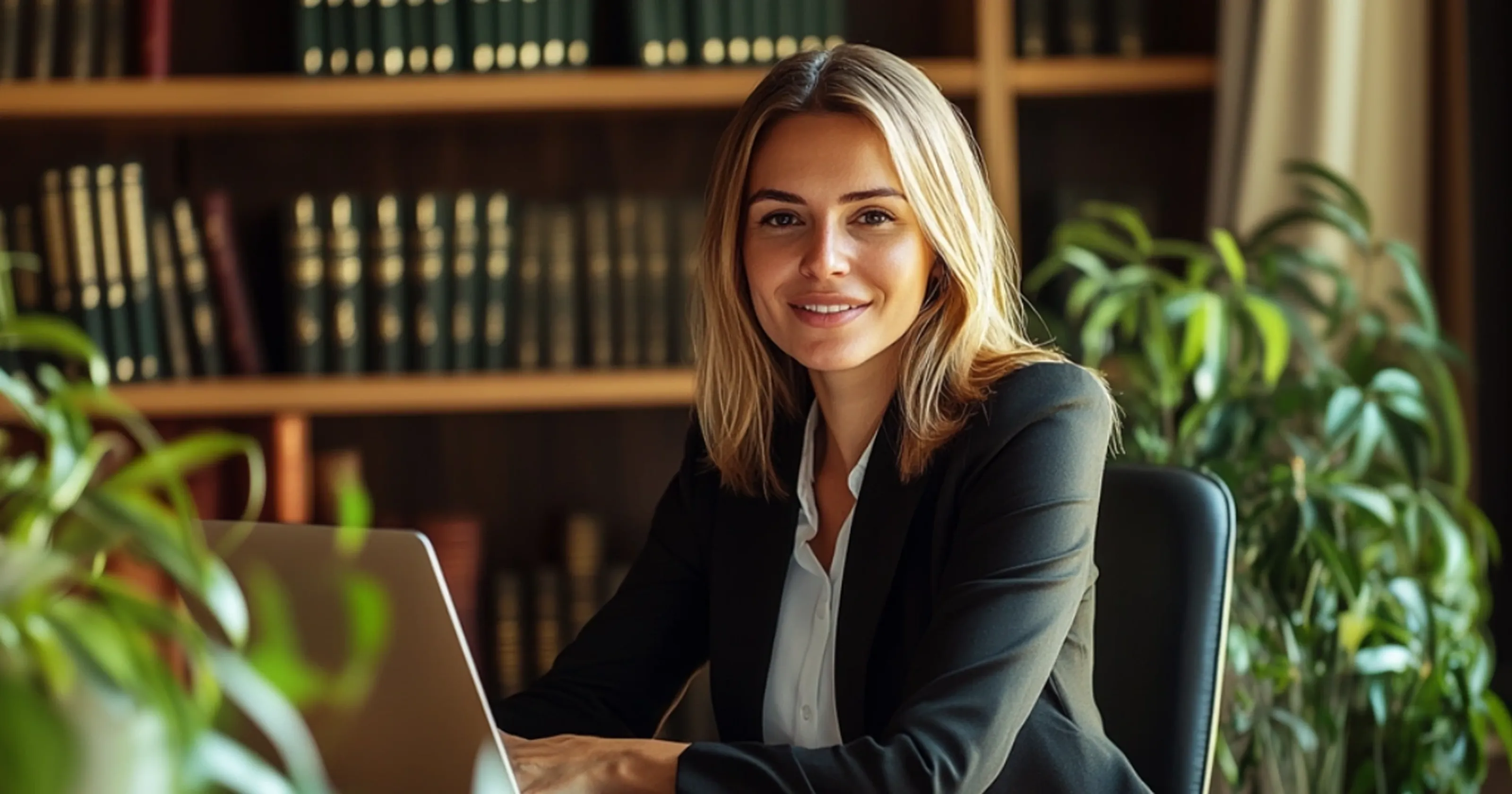 Rechtsanwältin mit willkommender Geste in ihrem Anwaltsbüro.