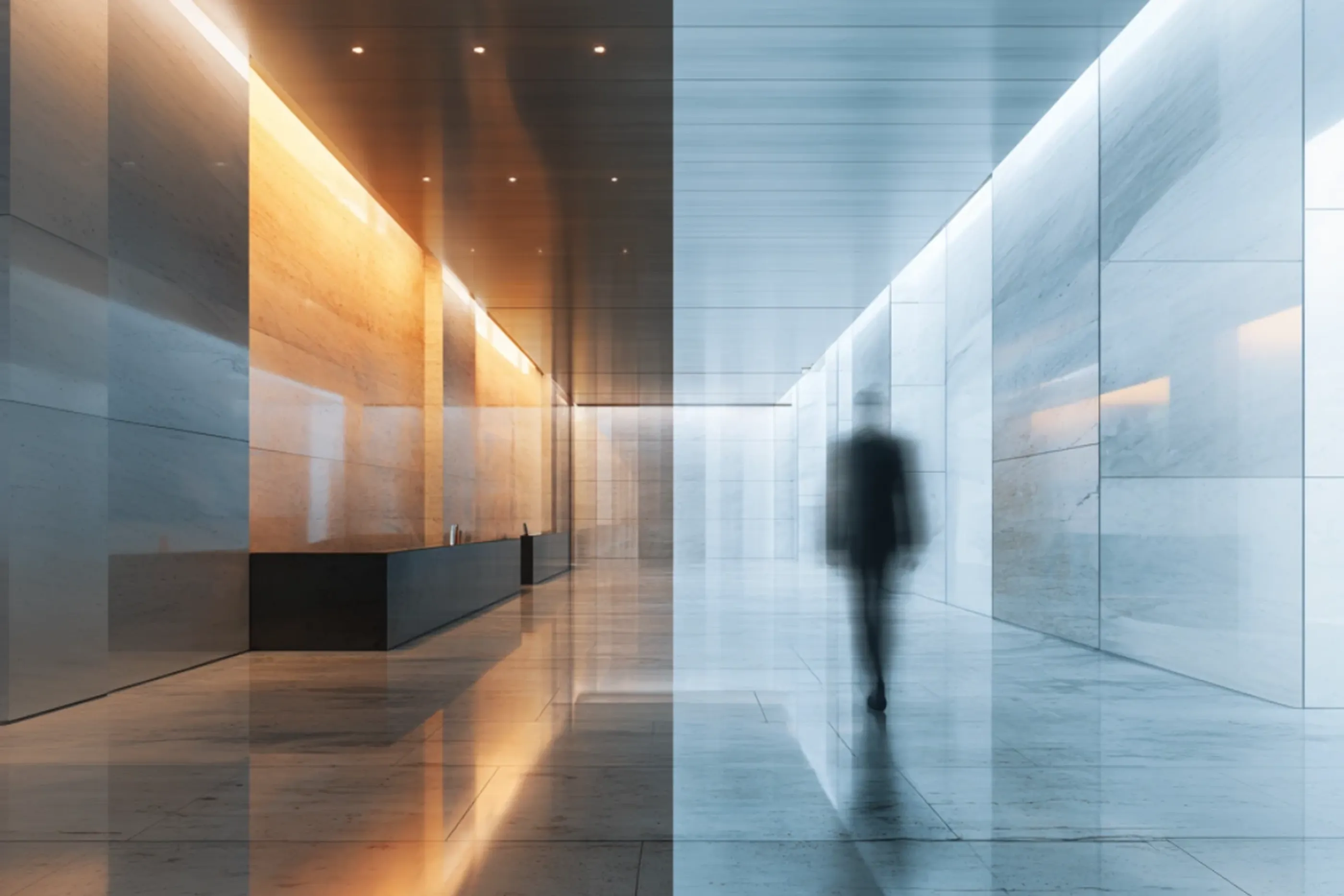 Moderne Eingangshalle mit abstrakt verschwommener Silhouette, geteilt in warme und kühle Farbtöne.
