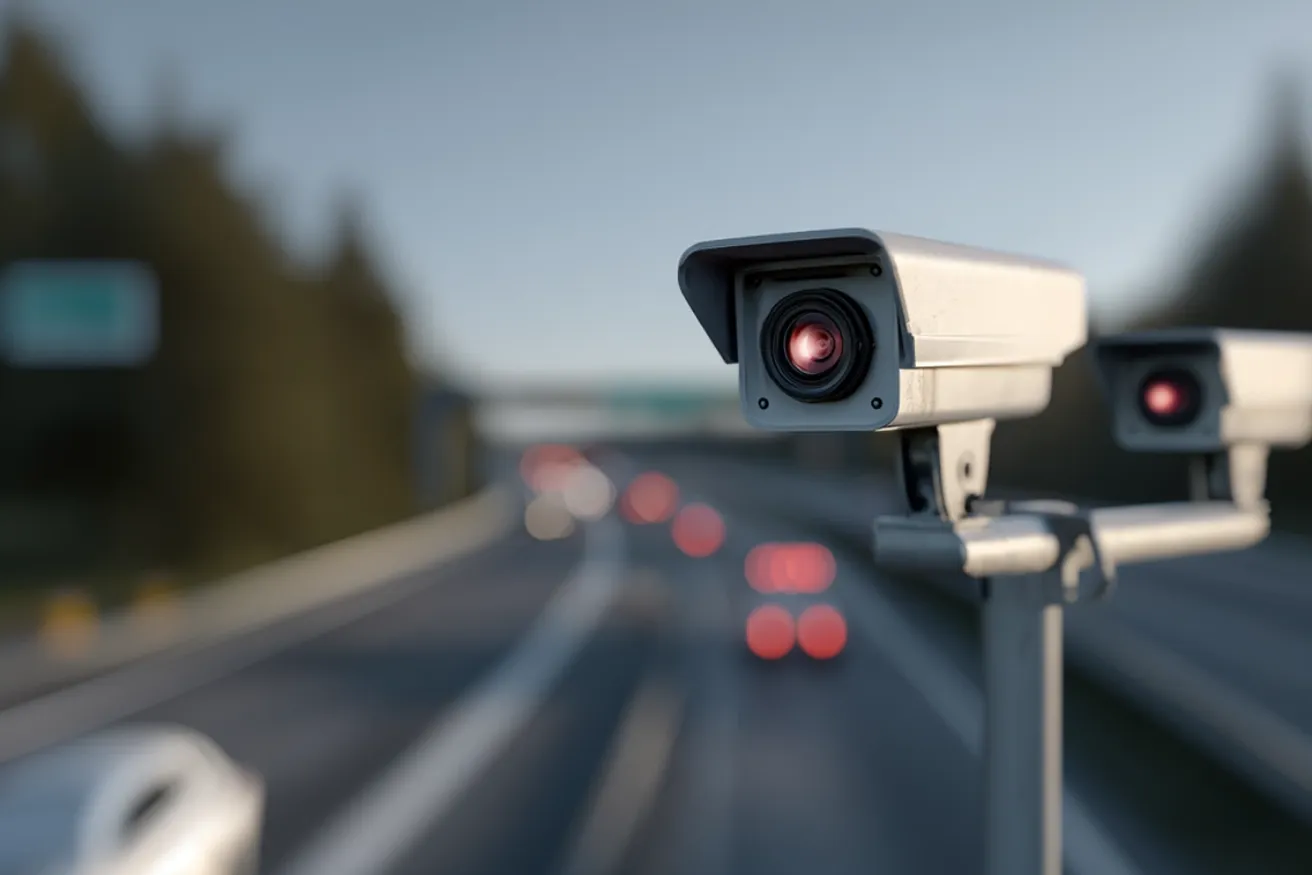 Überwachungskameras beobachten Autobahnverkehr bei Dämmerung, verschwommene Fahrzeuge im Hintergrund.