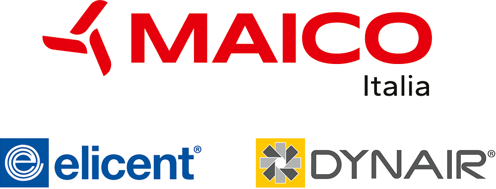 Logos of MAICO, elicent, and DYNAIR with small Italian flag